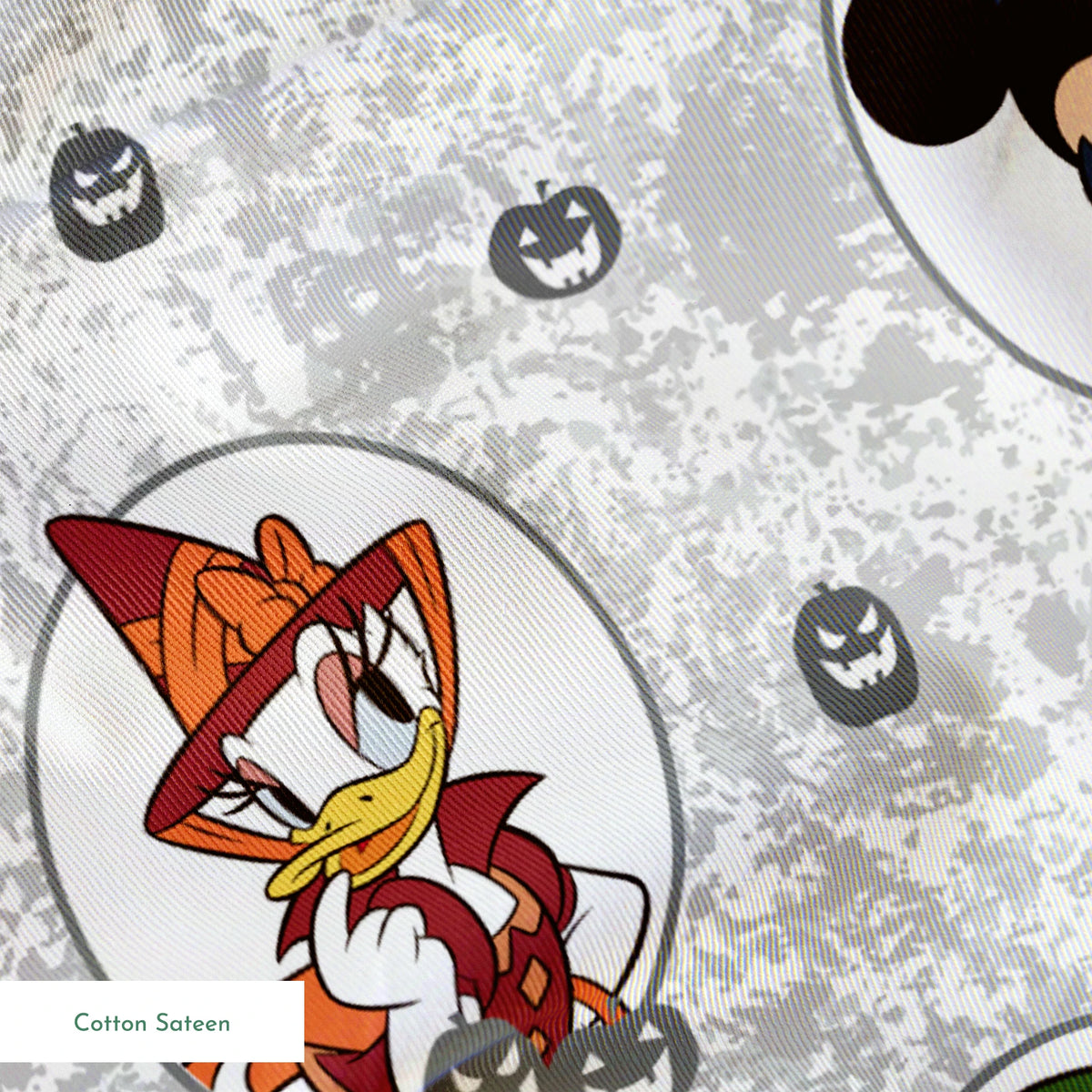 Disney Halloween pattern with Mickey in top hat, Donald in green hat, and Daisy in witch hat on gray background with pumpkins. springs sateen texture