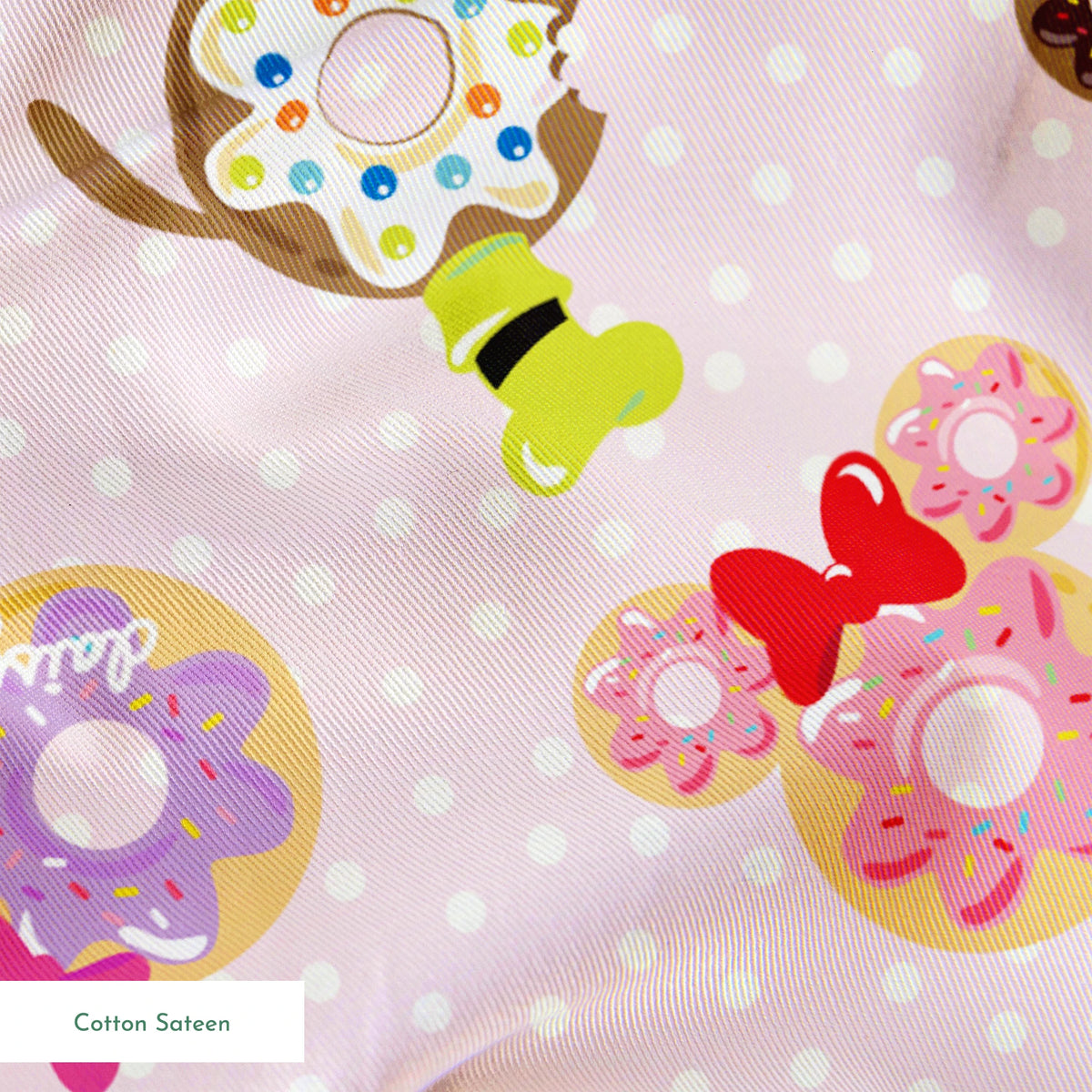 Mickey Mouse & friends donuts in various shapes on a pink polka dot background. springs sateen texture