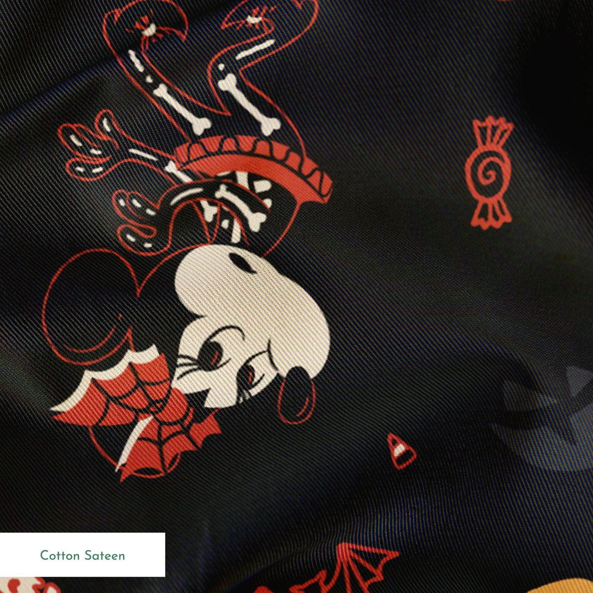 Disney Halloween pattern with Mickey & friends and candy on dark background springs sateen texture