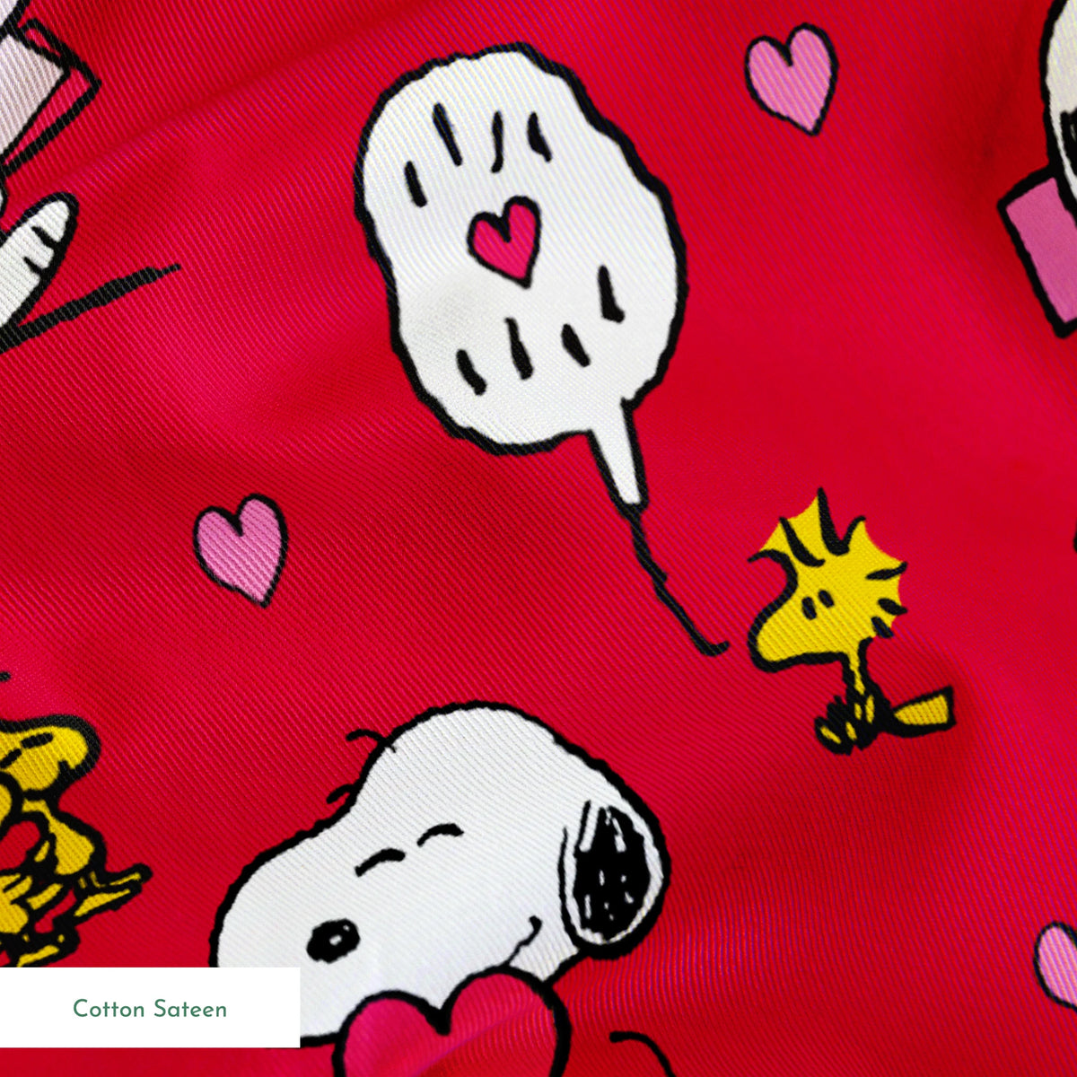 Snoopy and Woodstock pattern with hearts on bright red background, Valentine's theme springs sateen texture
