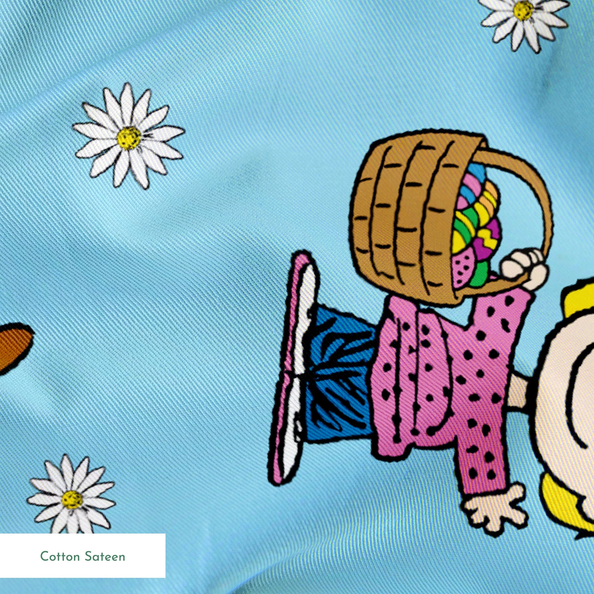Peanuts cartoon characters scattered on light blue background with white daisies pattern springs sateen texture
