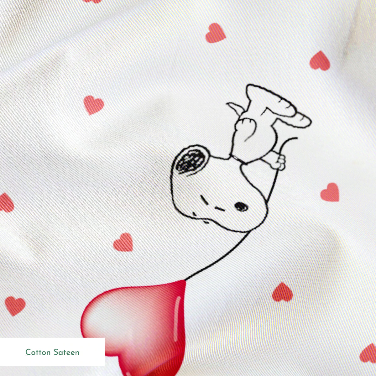 Cute Snoopy holding heart-shaped balloons with small hearts scattered on white background springs sateen texture