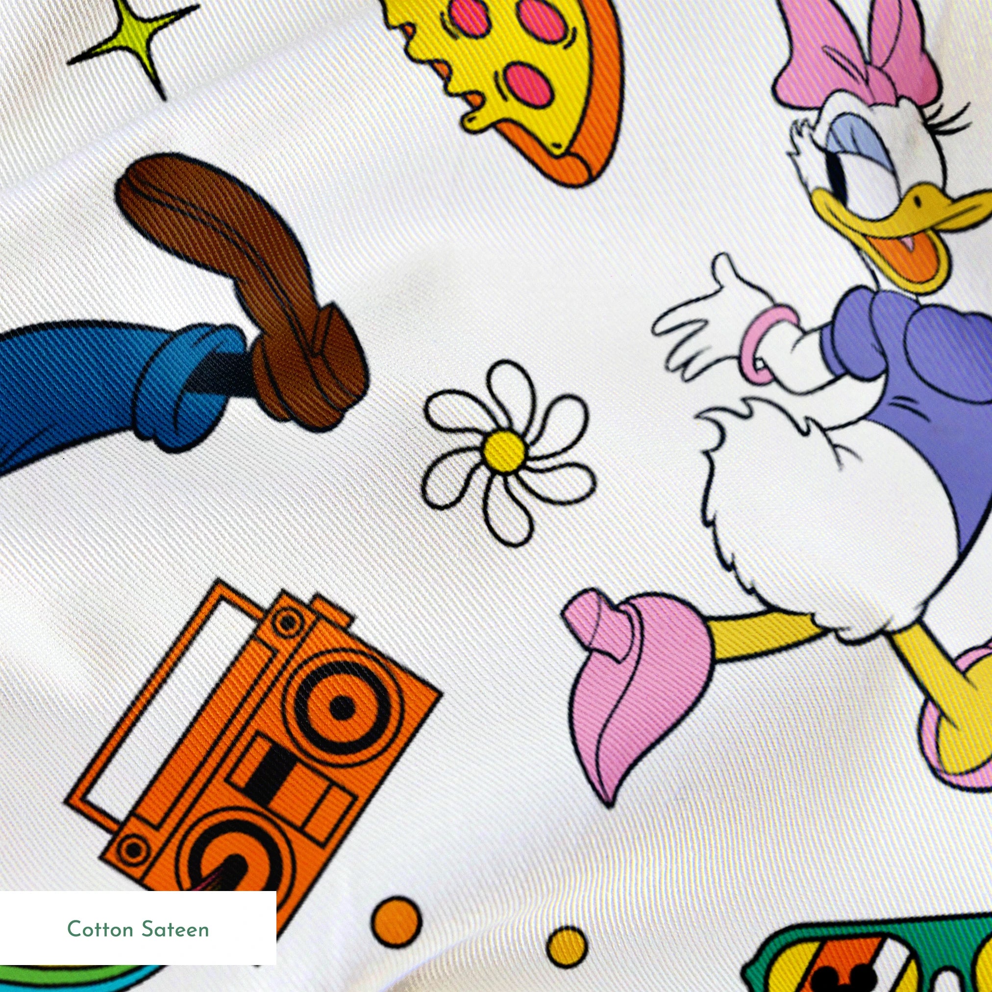 Cartoon pattern featuring classic Disney characters with radios, rainbows, sunglasses and "FRIENDS" text on white background. springs sateen texture