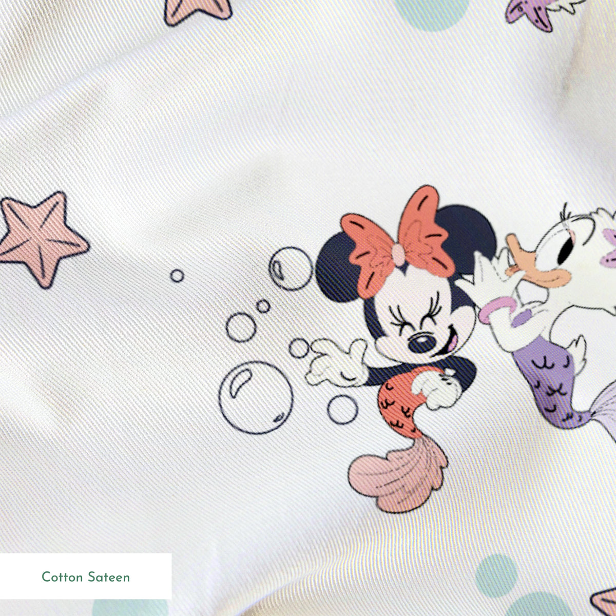 Minnie Mouse pattern with pastel stars and bubbles on white background, playful cartoon style springs sateen texture