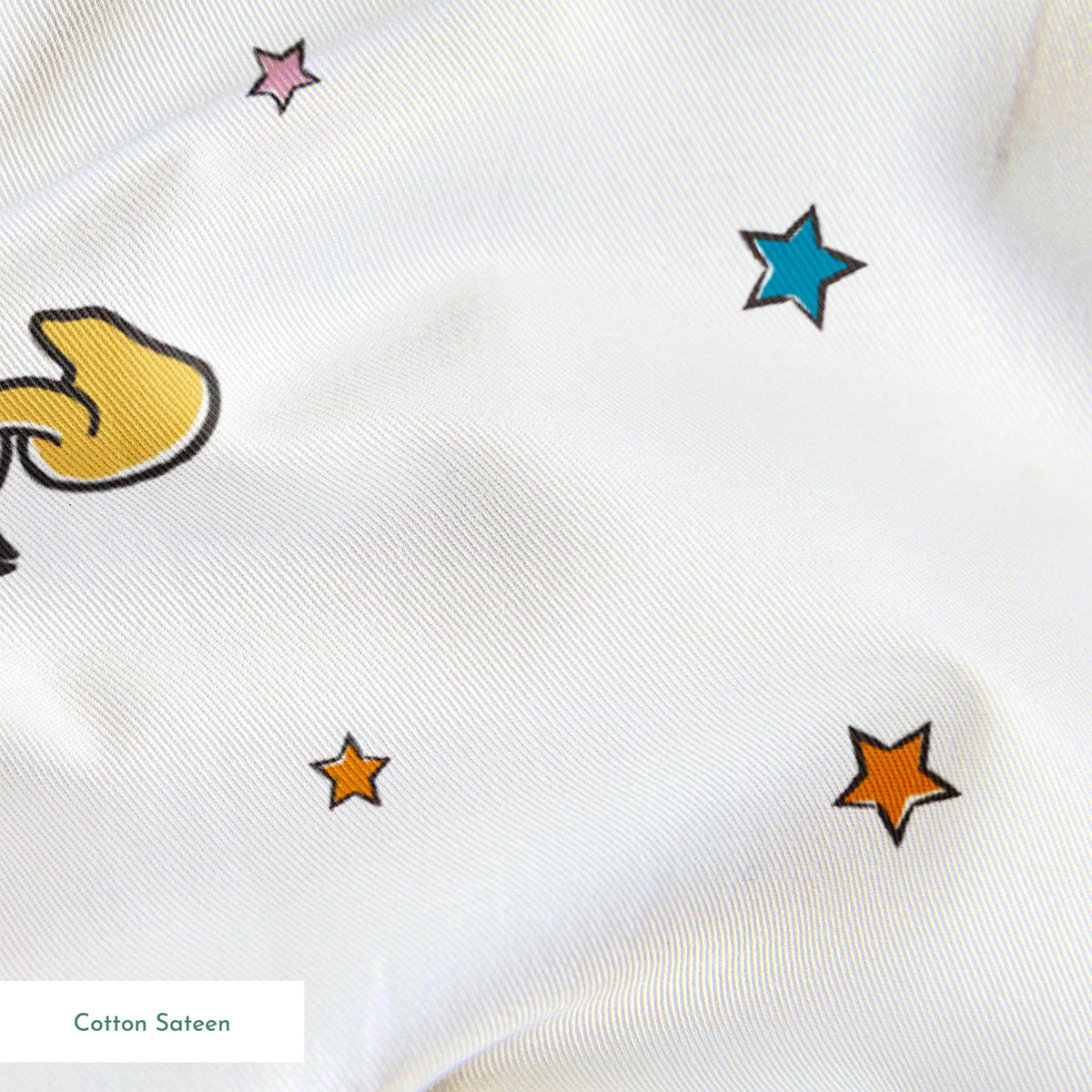Disney characters pattern with Mickey Mouse and unicorns on white background with colorful stars springs sateen texture
