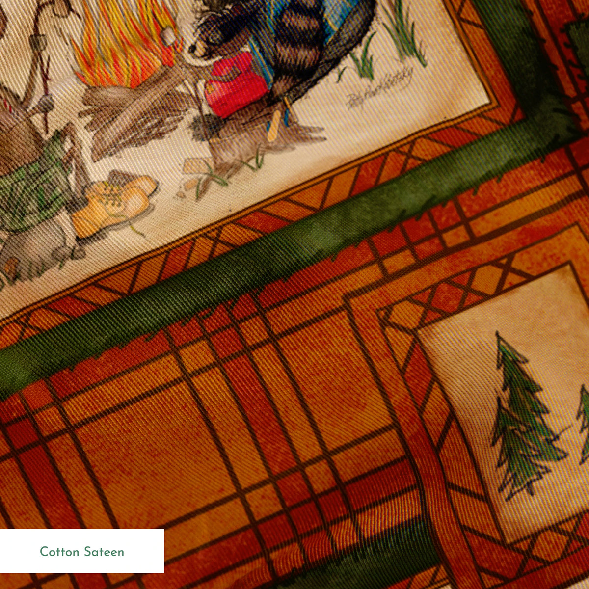 Vintage-style patchwork pattern with framed scenes of people and animals on orange plaid background springs sateen texture