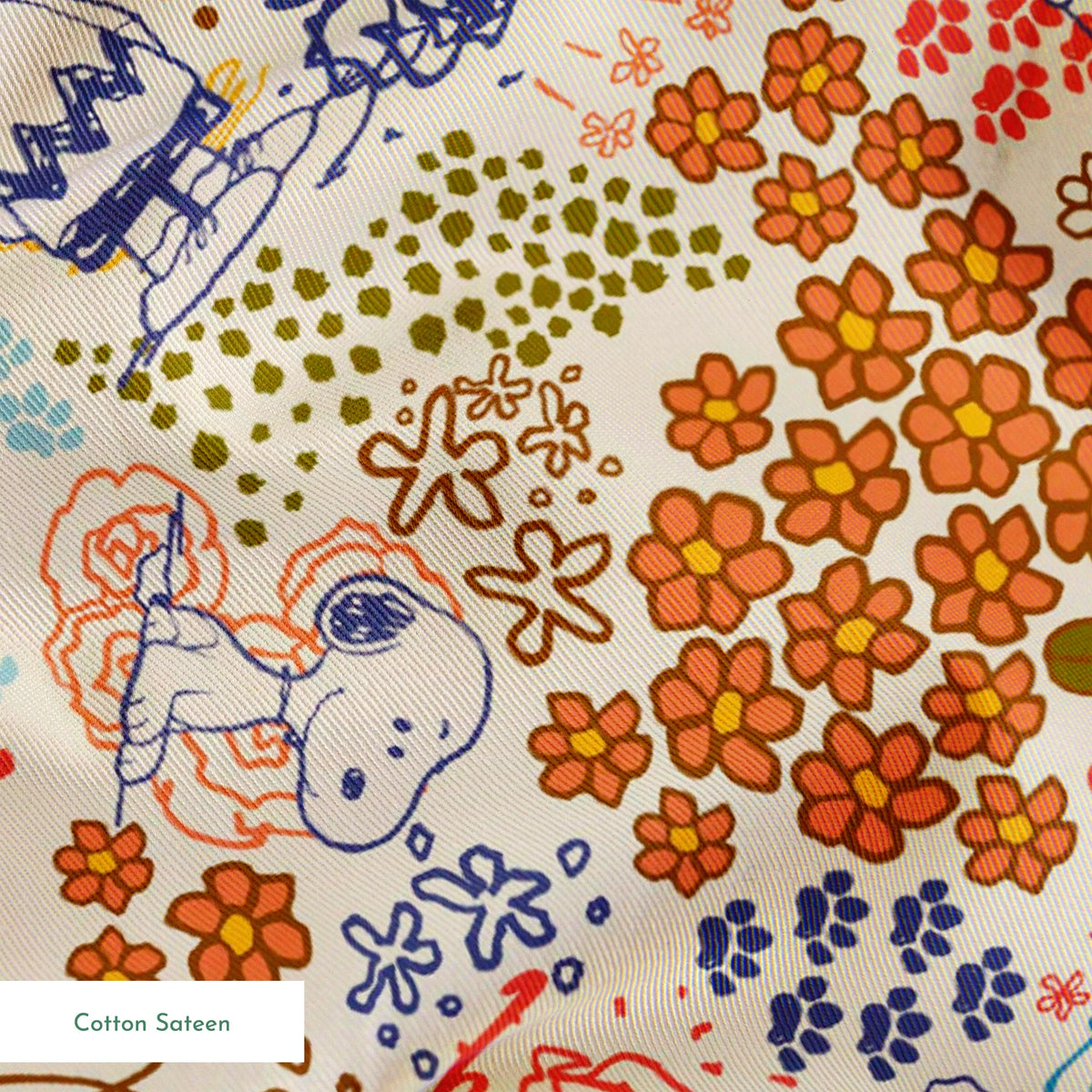 Colorful pattern with Peanuts characters sketches, floral designs, and dots in orange, blue, yellow, and green on a cream background springs sateen texture