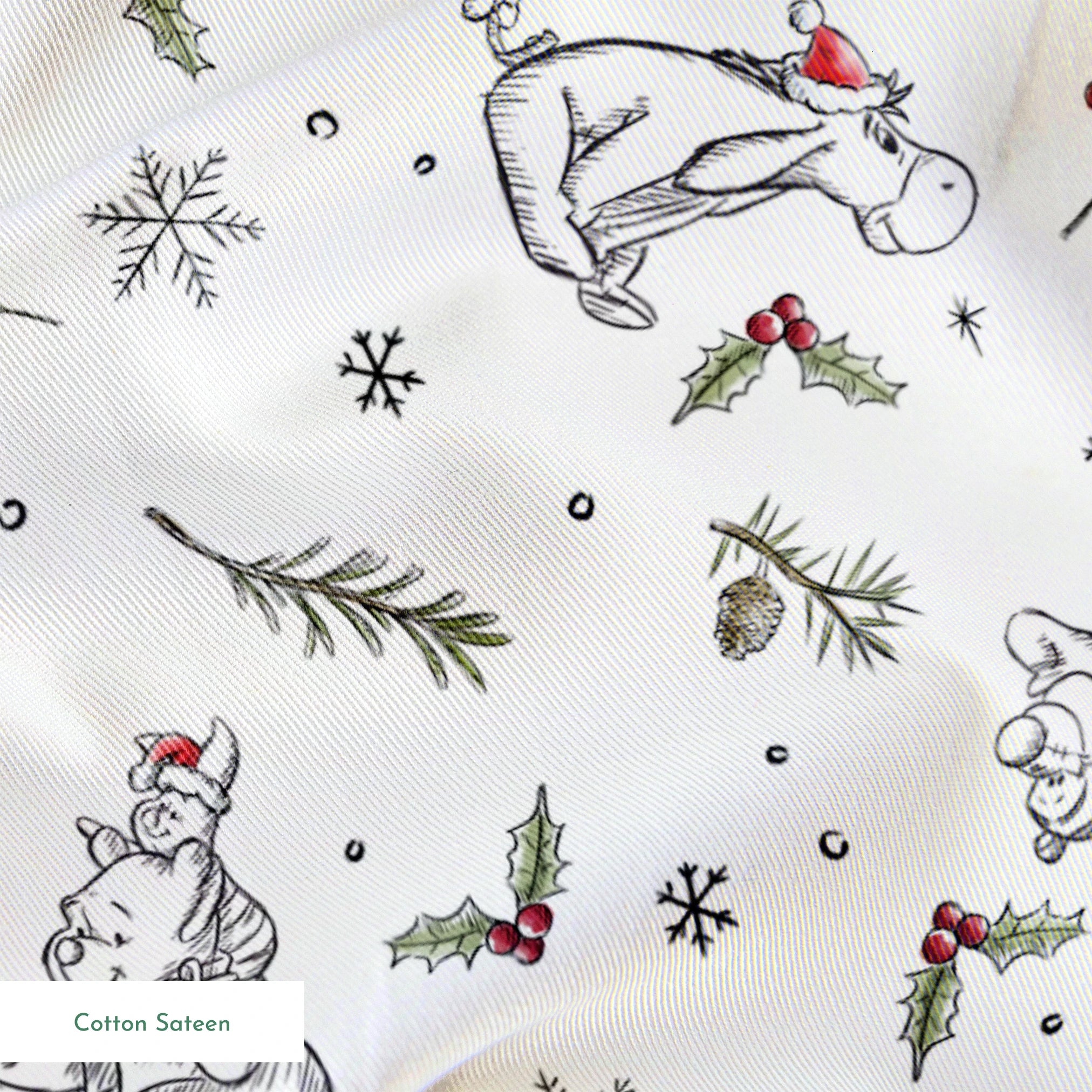Delicate white winter pattern with cartoon mice, pine trees, holly berries, and snowflakes springs sateen texture