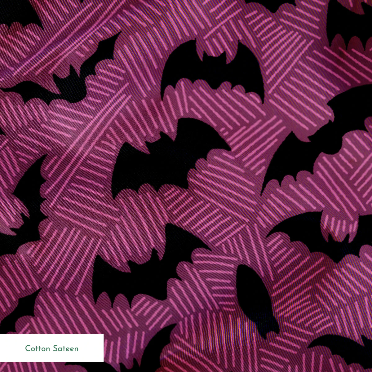 Black bat silhouettes scattered across a purple background with swirling line pattern springs sateen texture