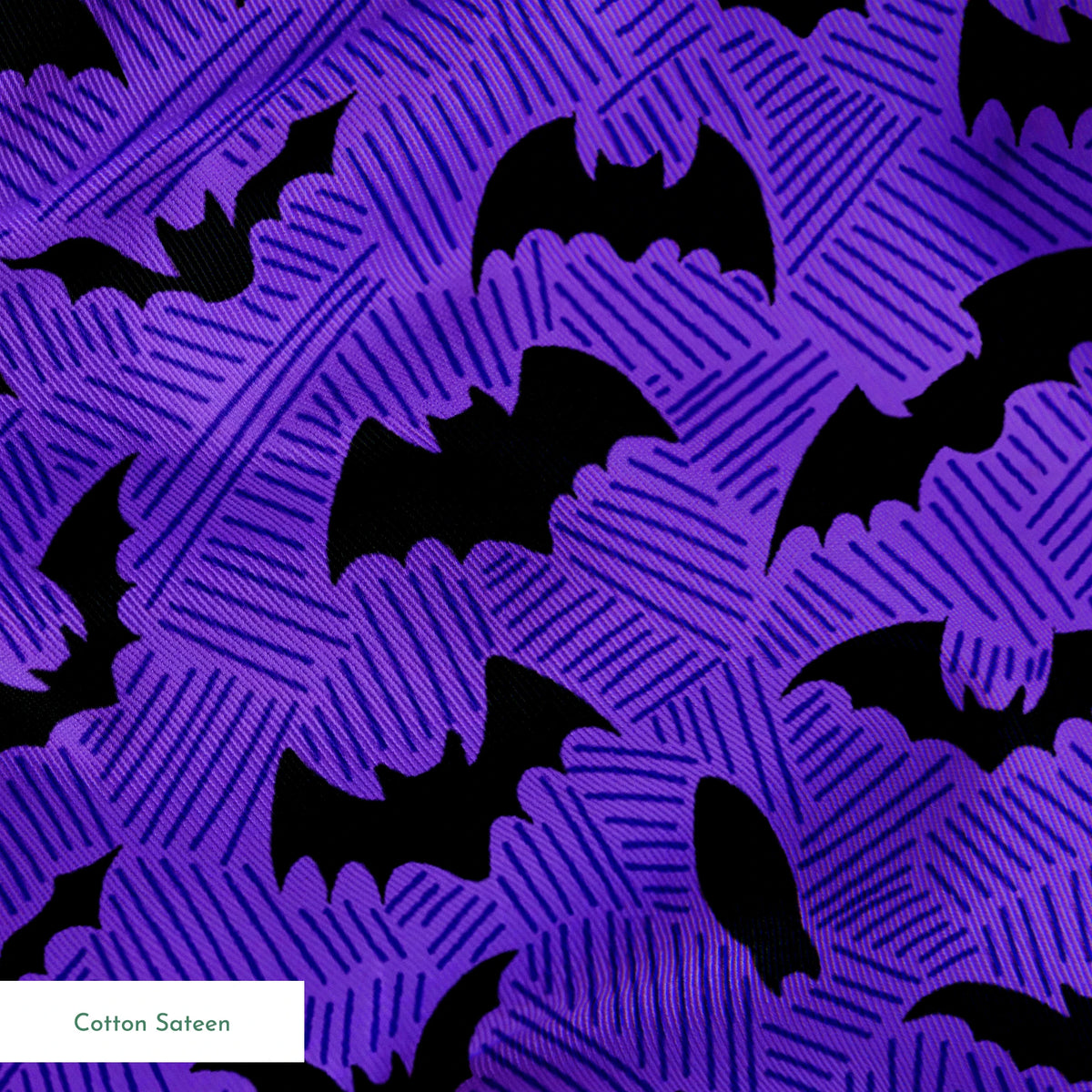 Black bat silhouettes scattered over purple zigzag background, Halloween-themed pattern springs sateen texture
