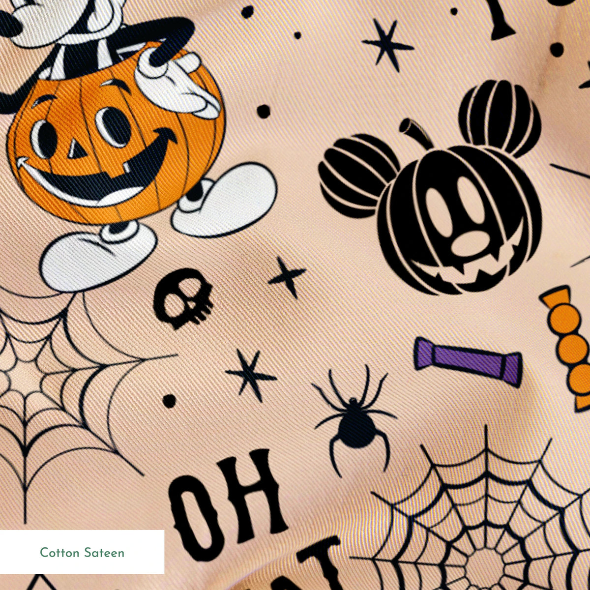 Halloween Mickey Mouse pattern with "OH WHAT FUN!" text, pumpkins, spiderwebs, and candy on beige background springs sateen texture