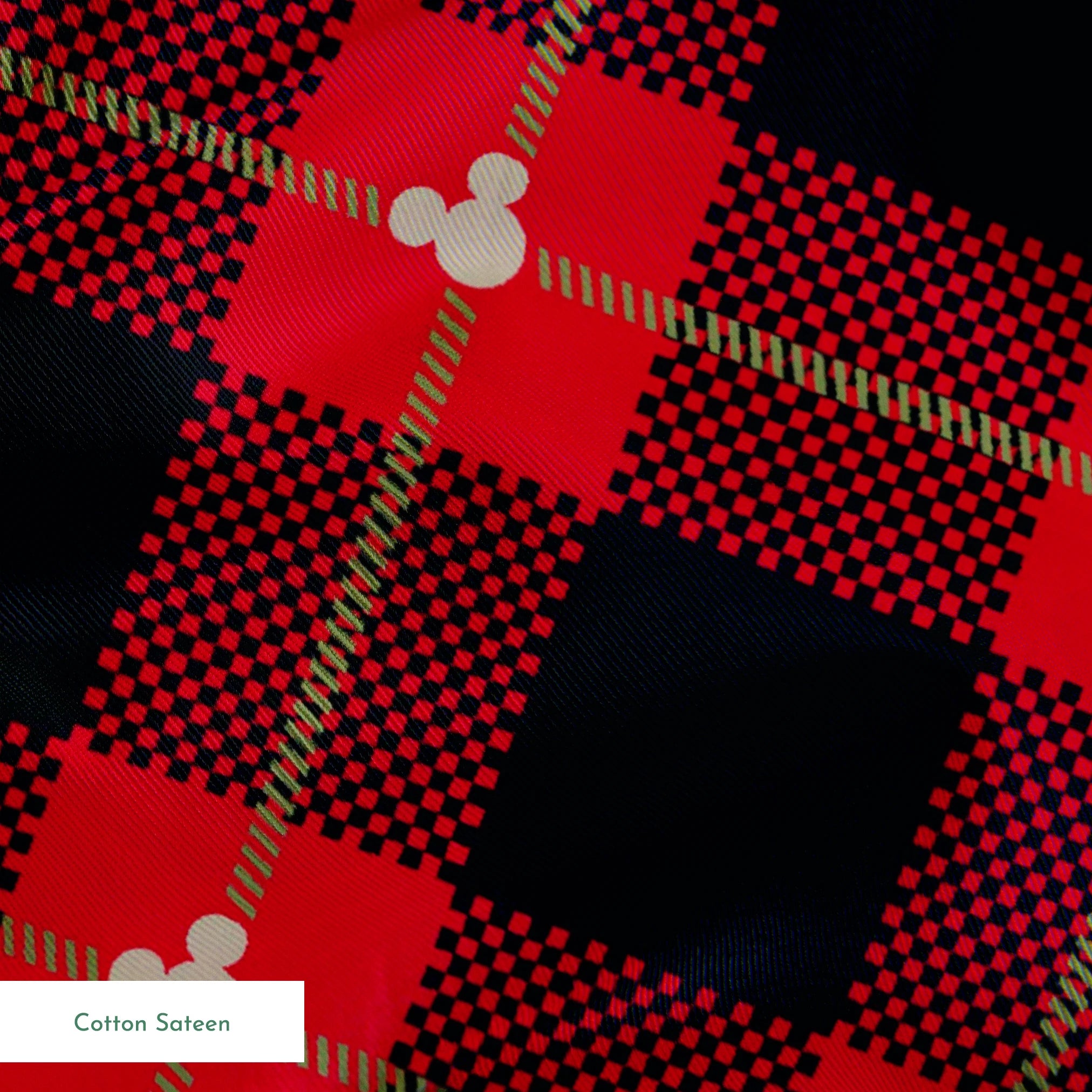 Red and black plaid pattern with diagonal gold stripes and small Mickey Mouse silhouettes springs sateen texture
