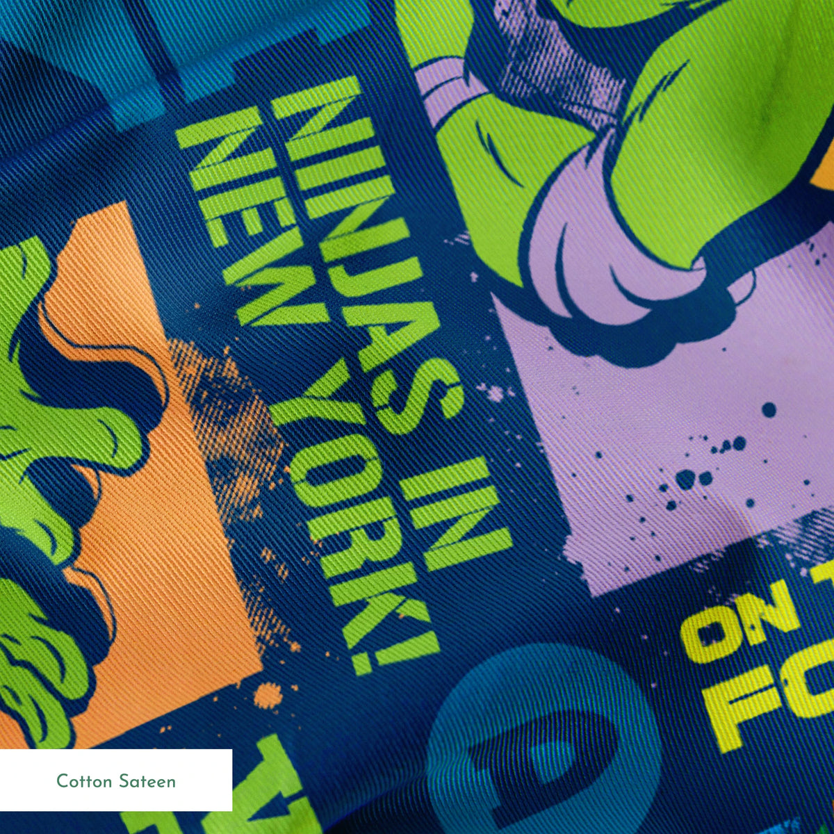 Teenage Mutant Ninja Turtles comic-style panels with characters in action poses and phrases like "Catchin' a Cab!" and "On the Lookout for Pizza! springs sateen texture