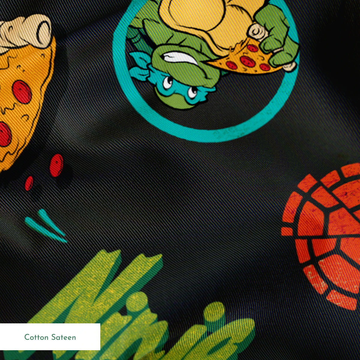 Colorful cartoon pizza pattern with "Pizza!" text, Teenage Mutant Ninja Turtles in circles, and decorative elements on dark background. springs sateen texture
