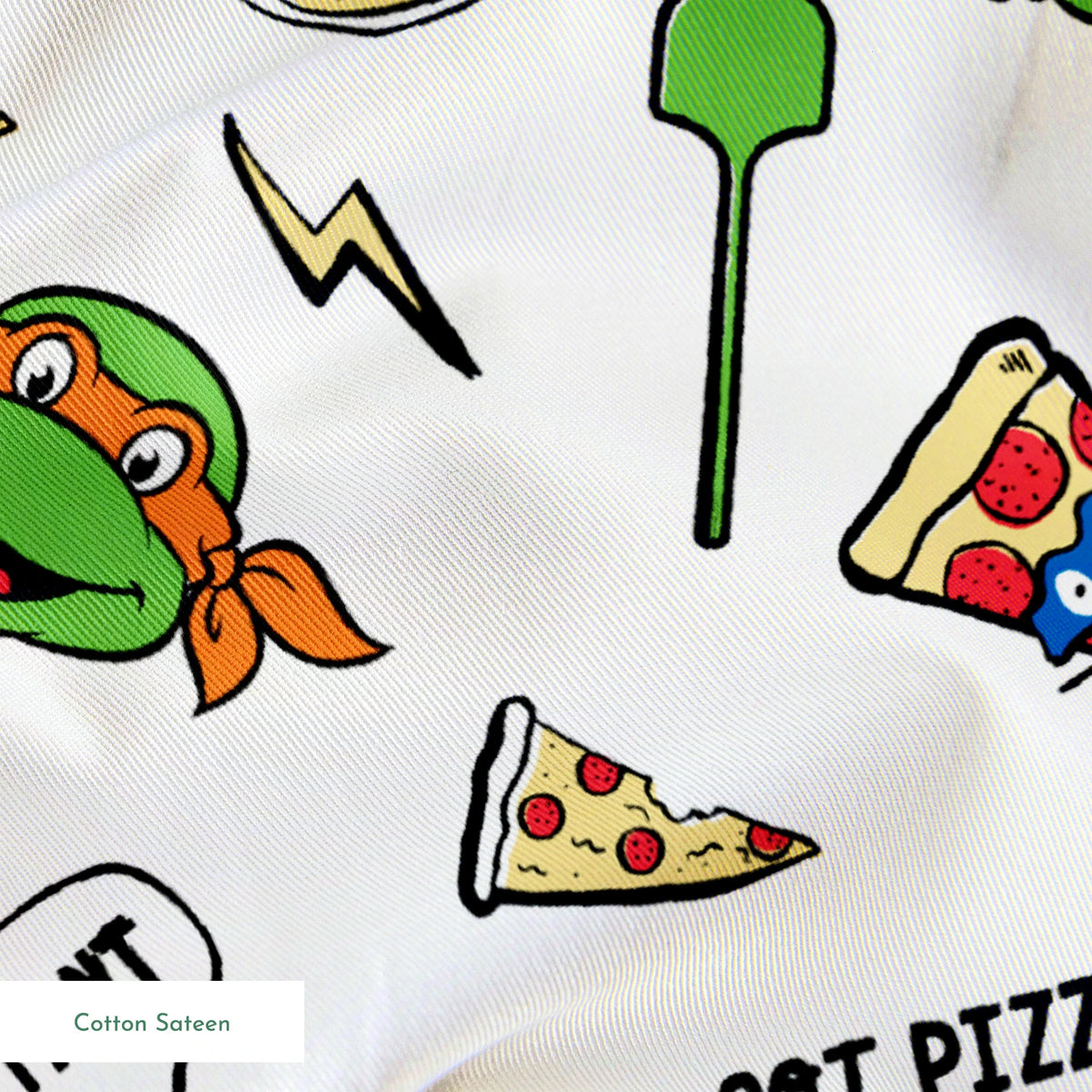 Cartoon pattern with Teenage Mutant Ninja Turtles, pizza slices, whole pizzas, lightning bolts and "GOT PIZZA?" text springs sateen texture