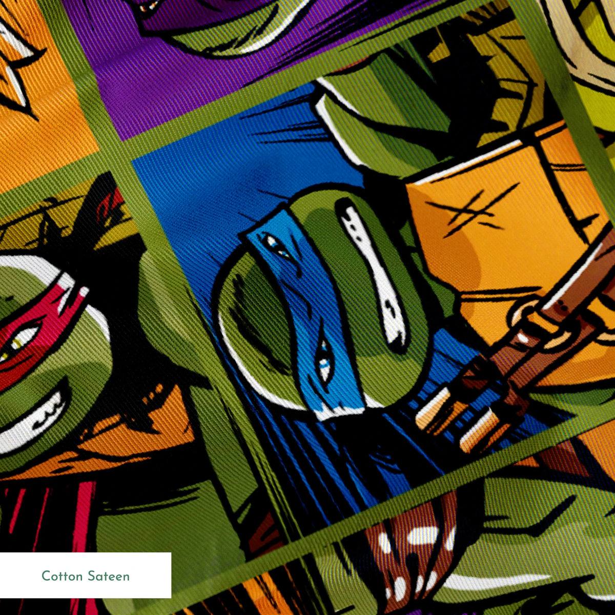 Colorful grid pattern of Teenage Mutant Ninja Turtles characters with various expressions and colored masks springs sateen texture