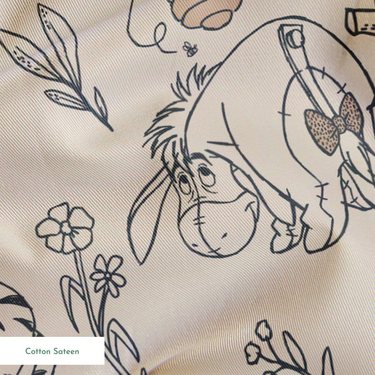 Whimsical illustrated pattern of woodland animals, logs, and plants in black line art on beige background springs sateen texture