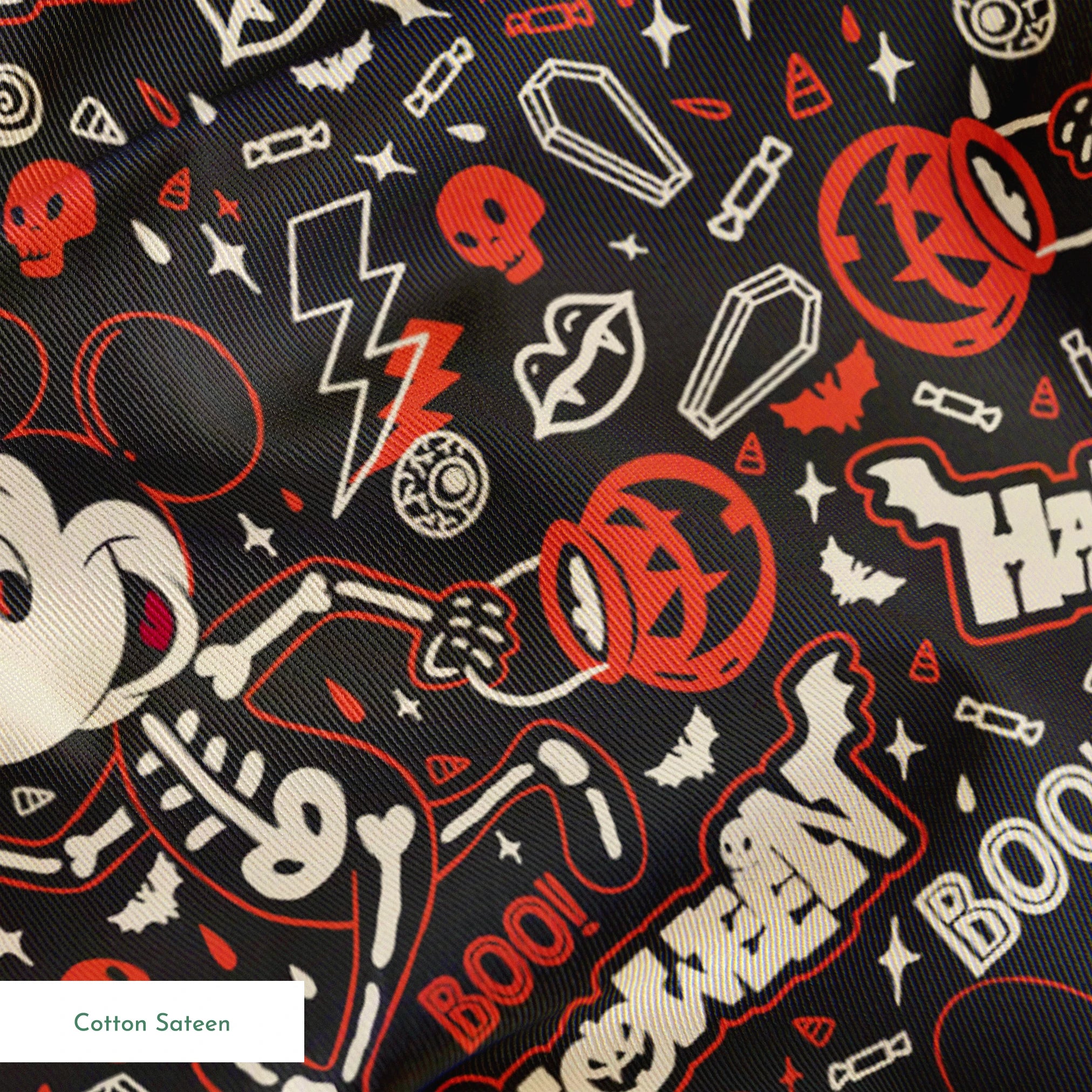 Mickey Mouse Halloween pattern with bats, pumpkins, and "Happy Halloween" text on dark background springs sateen texture