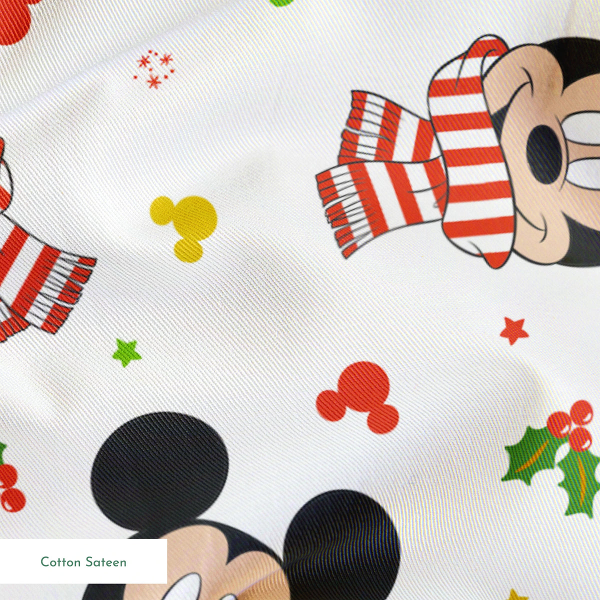 Mickey Mouse wearing red striped scarves, surrounded by holly and colorful icons on white background springs sateen texture