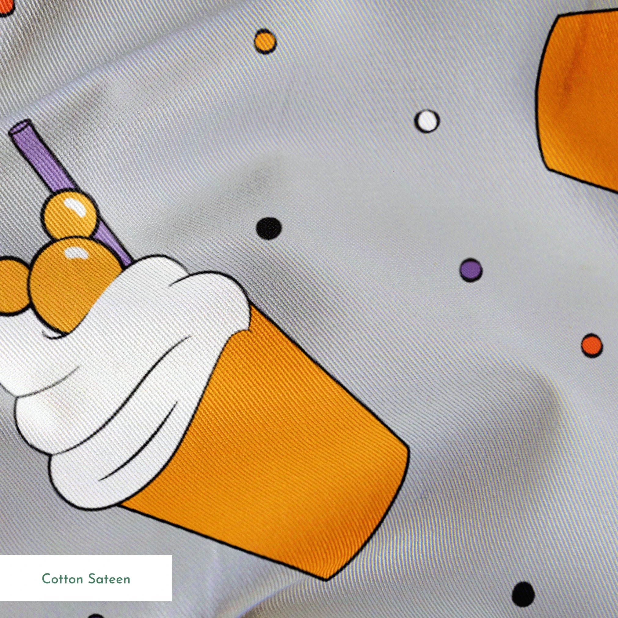 Orange Disney-inspired drinks with whipped cream and purple straws on gray background with colorful dots springs sateen texture