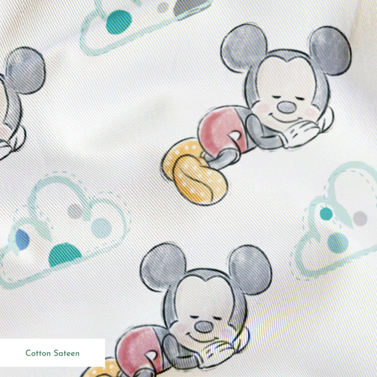 Cute cartoon mouse characters sleeping peacefully on white background with mint green clouds pattern springs sateen texture