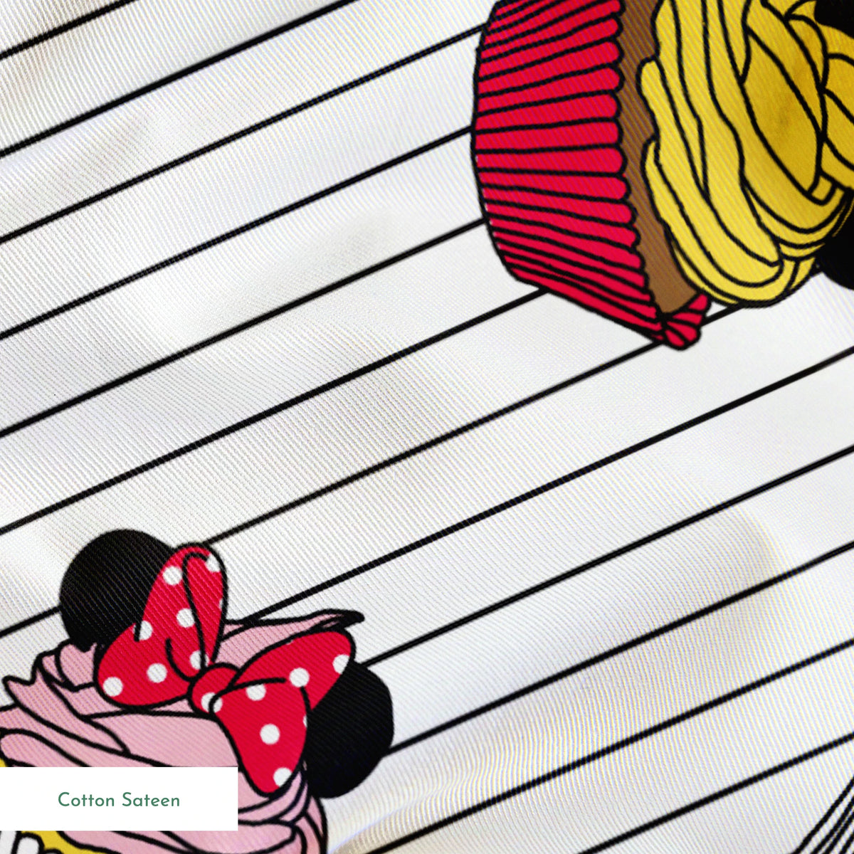 Colorful cartoon cupcakes with Mickey Mouse ears and bows scattered on striped background springs sateen texture