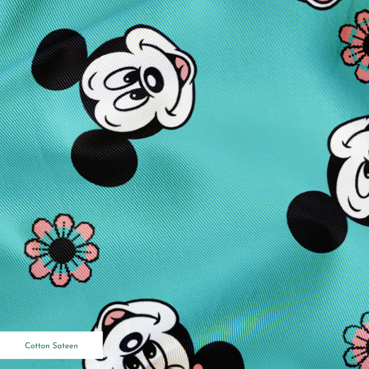 Mickey and Minnie Mouse cartoon faces scattered on turquoise background with small flowers springs sateen texture