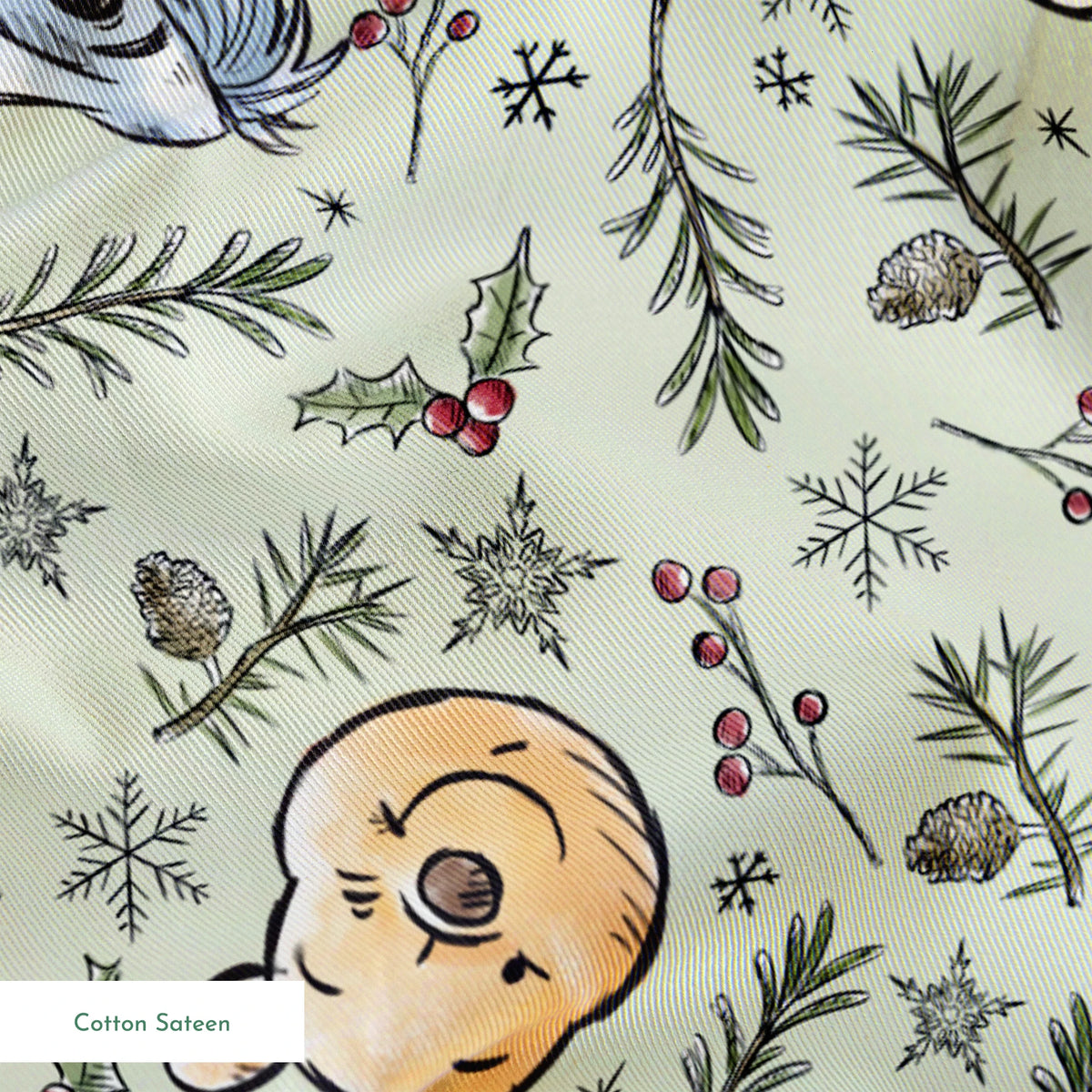Whimsical holiday pattern with cartoon animals, pine branches, berries, and snowflakes on mint green springs sateen texture