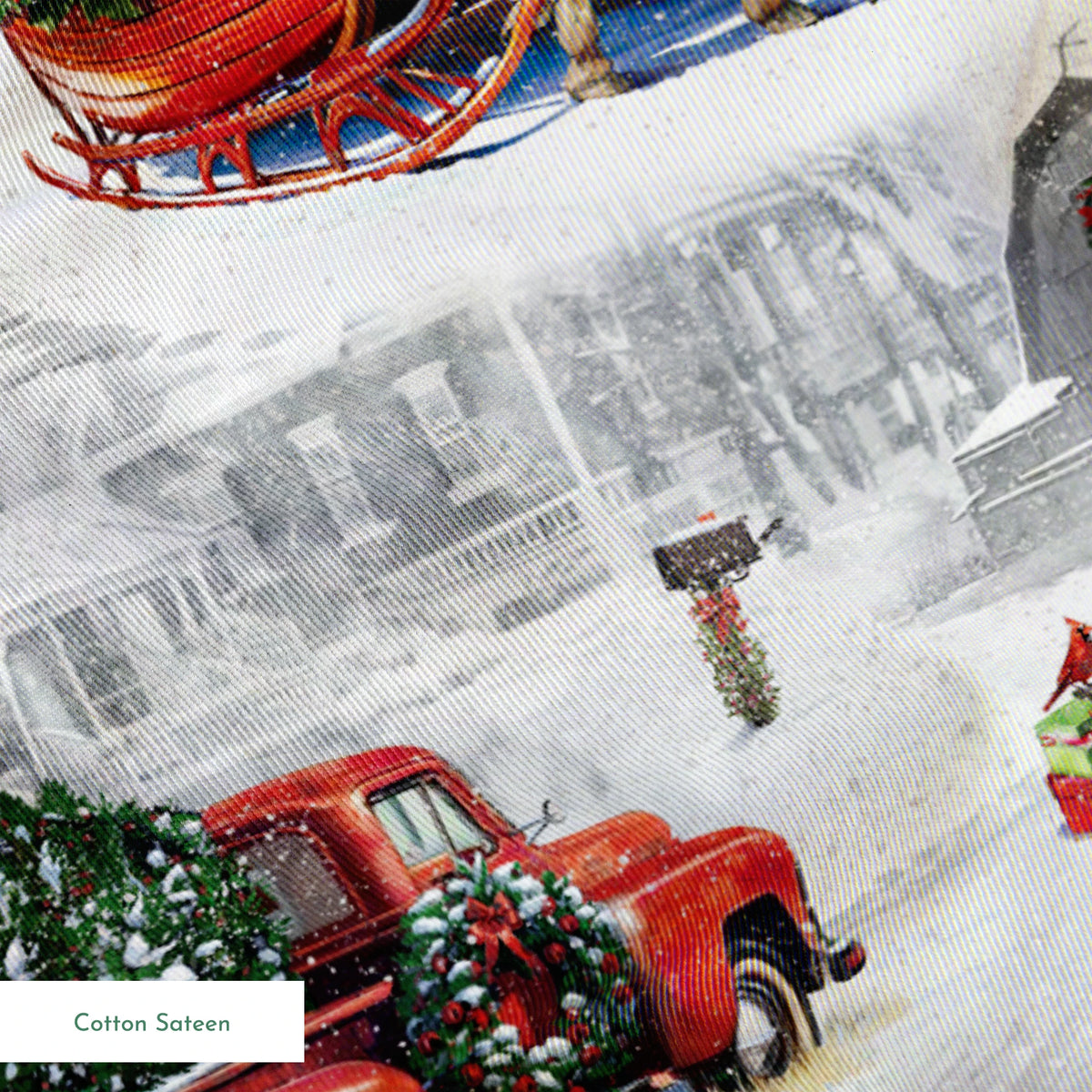Christmas pattern with vintage red trucks, horse-drawn sleighs, and pine trees in snowy winter landscape springs sateen texture