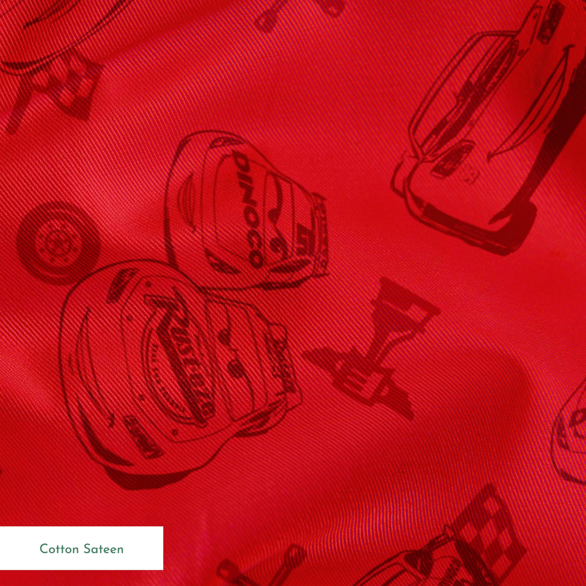 Red background with hand-drawn cartoon cars, tires, and tools in a repeating pattern springs sateen texture