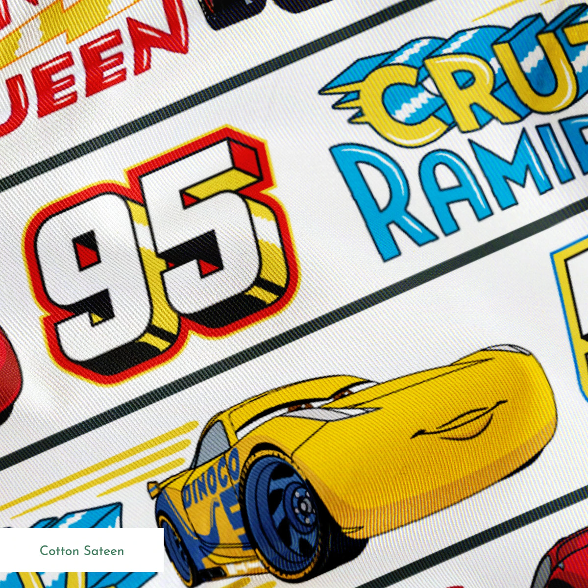 Disney Cars character ribbon with Lightning McQueen 95, Cruz Ramirez 51, and Jackson Storm 20 repeated pattern springs sateen texture