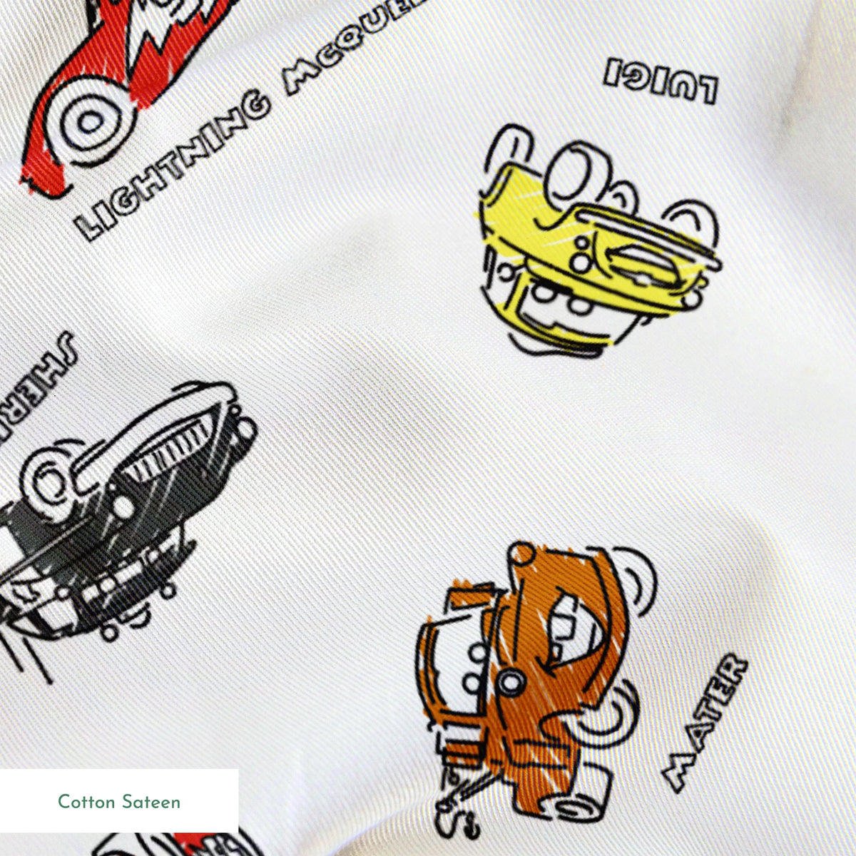 Colorful cartoon race cars in various colors scattered on white background with small text labels springs sateen texture