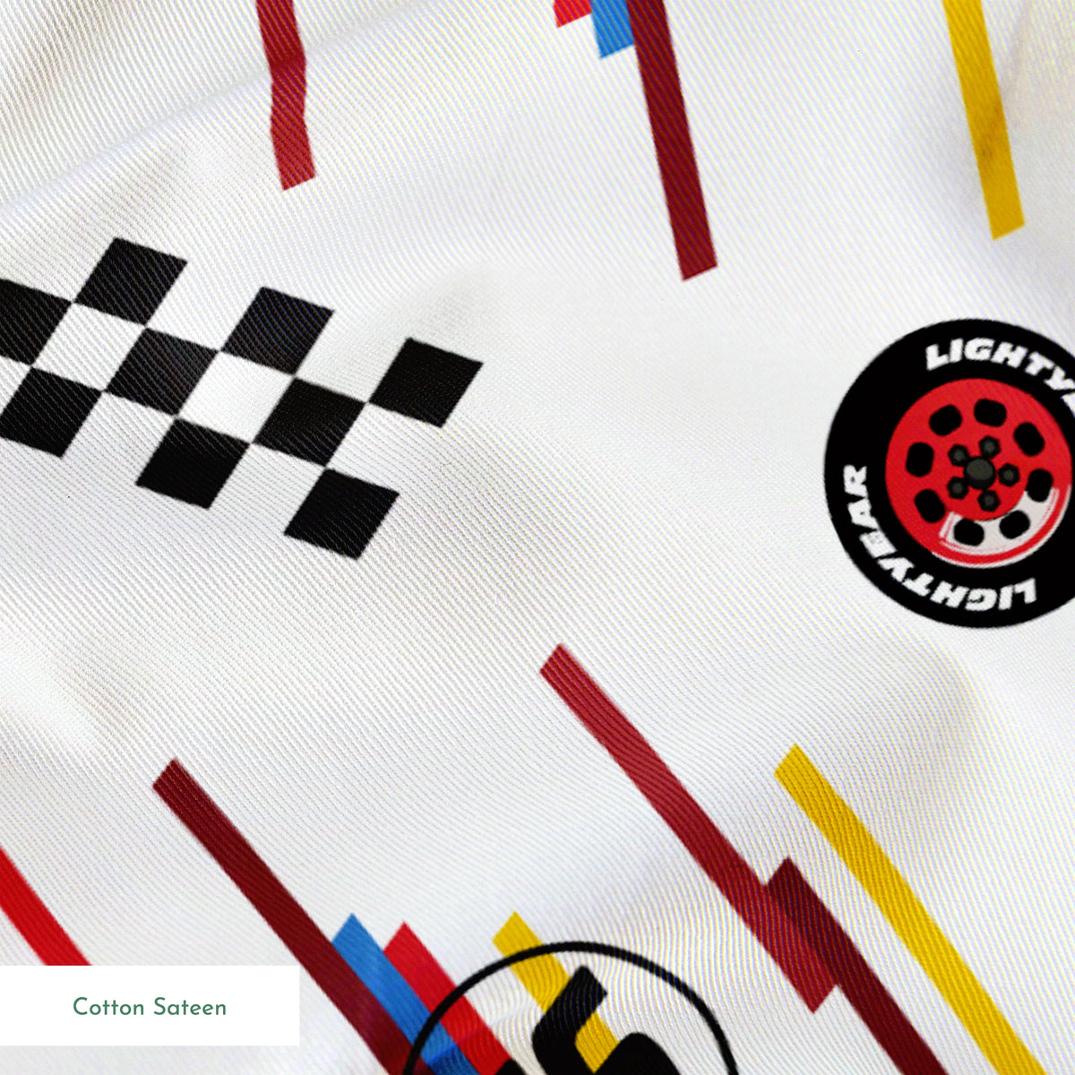 Racing car pattern with red toy cars, checkered flags, number 95 emblems, and colorful lines on white background springs sateen texture