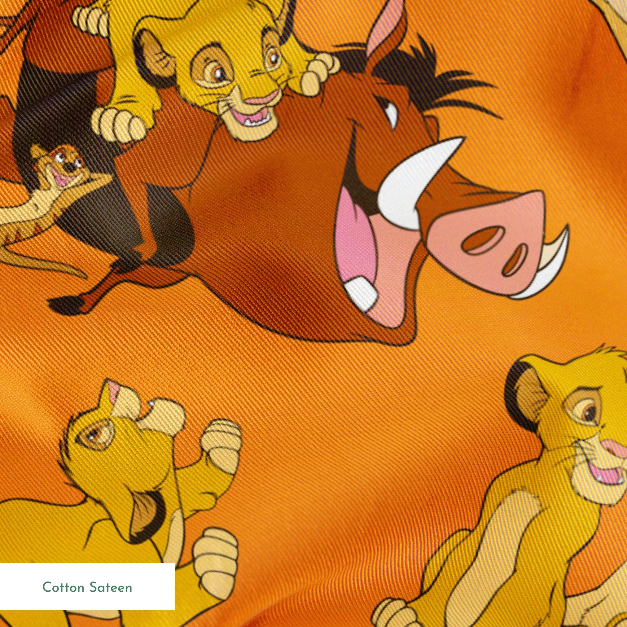 Playful pattern of cartoon cubs in yellow and brown poses on bright orange background with pawprints springs sateen texture