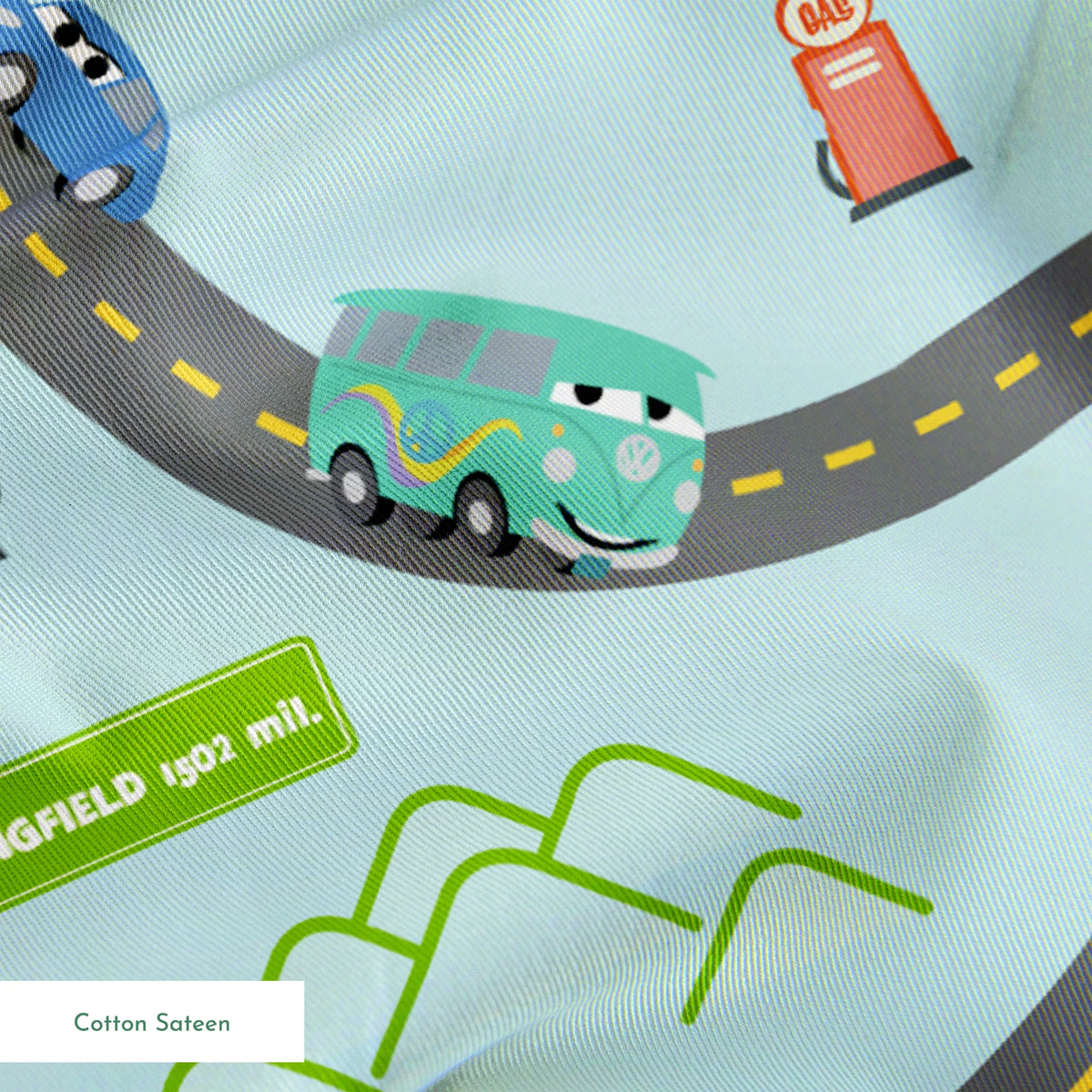 Cars from "Cars" movie on winding road with green speech bubbles showing different car brands and gas stations. springs sateen texture