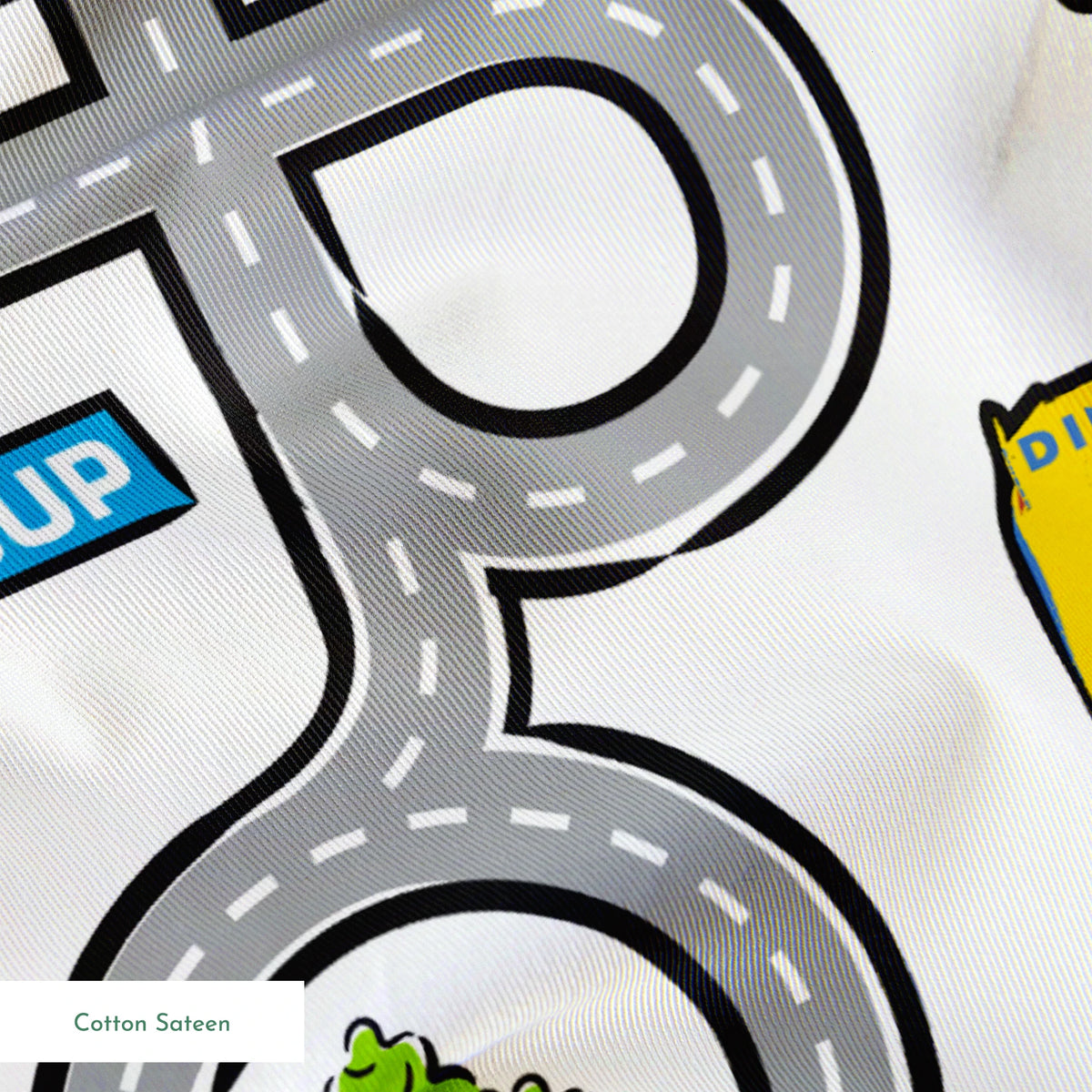 Cartoon road map with cars, traffic signs, and "Cruz Ramirez" label on winding gray streets springs sateen texture