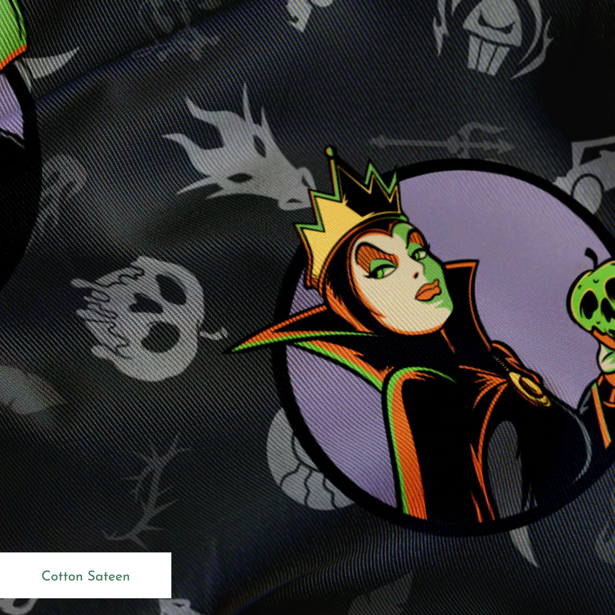 Cartoon Disney villains in purple circles on dark gray background with villain-themed icons springs sateen texture