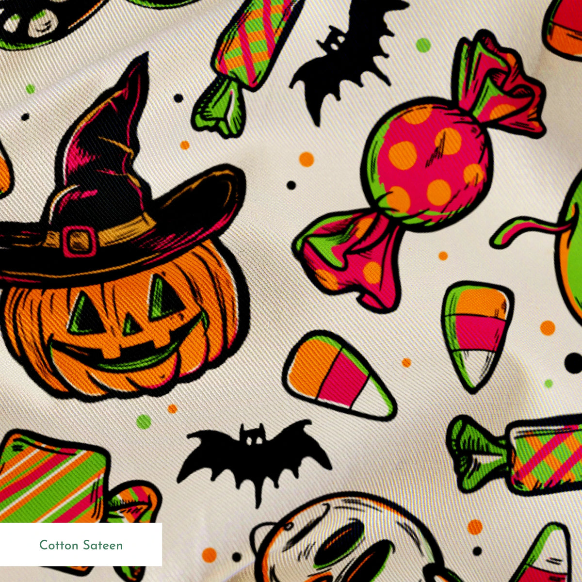 Halloween pattern with skulls, pumpkins, candy corn, wrapped candies, lollipops, bats, and autumn leaves on cream background springs sateen texture