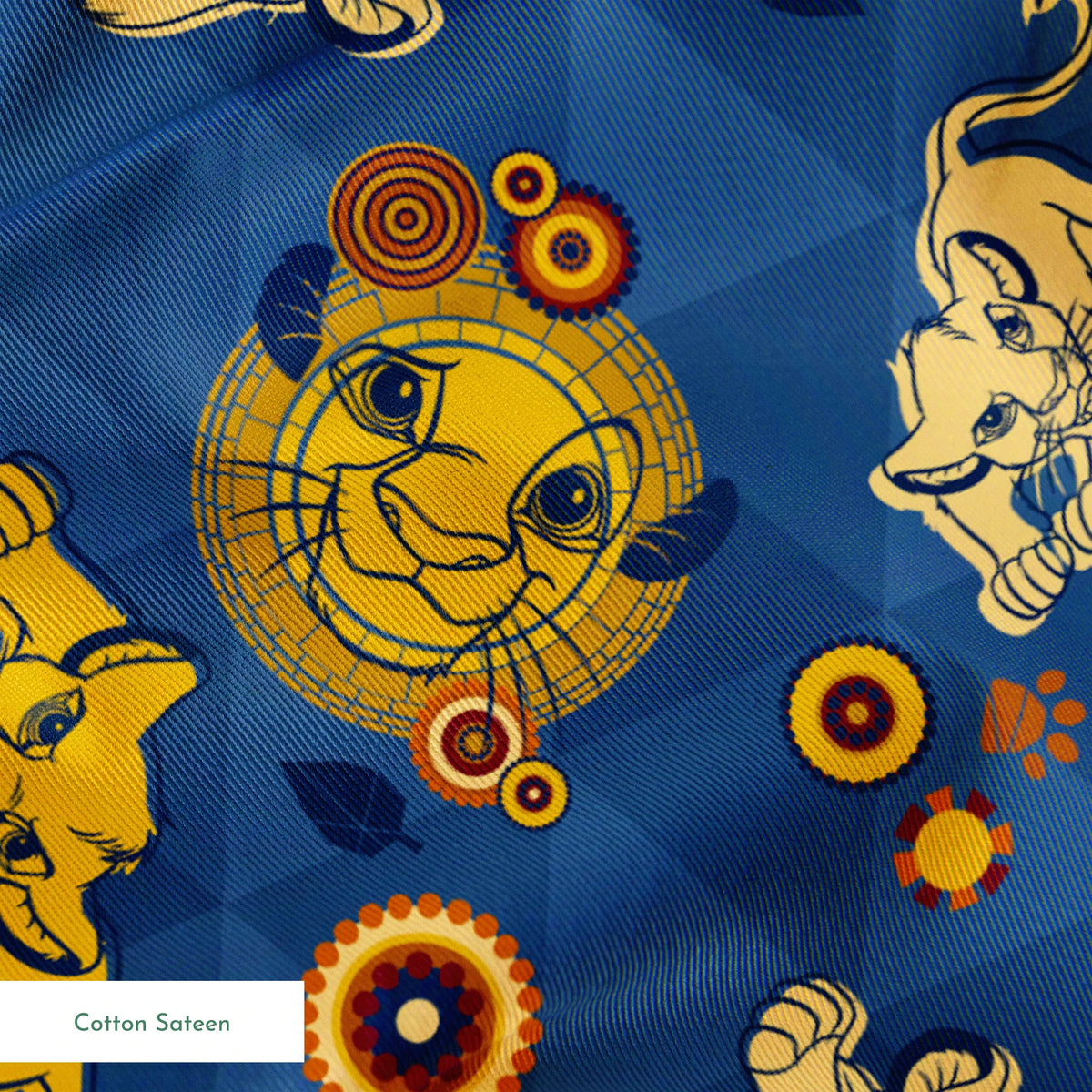 Geometric pattern with yellow lion figures and circular designs on blue triangular background springs sateen texture