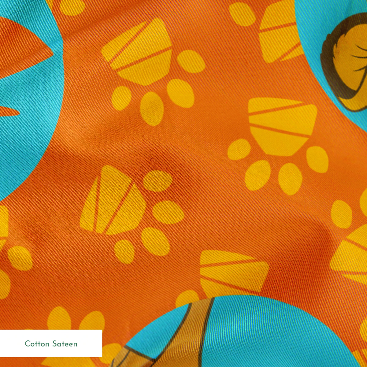 Cartoon animal characters in blue circles on orange background with yellow paw prints pattern springs sateen texture