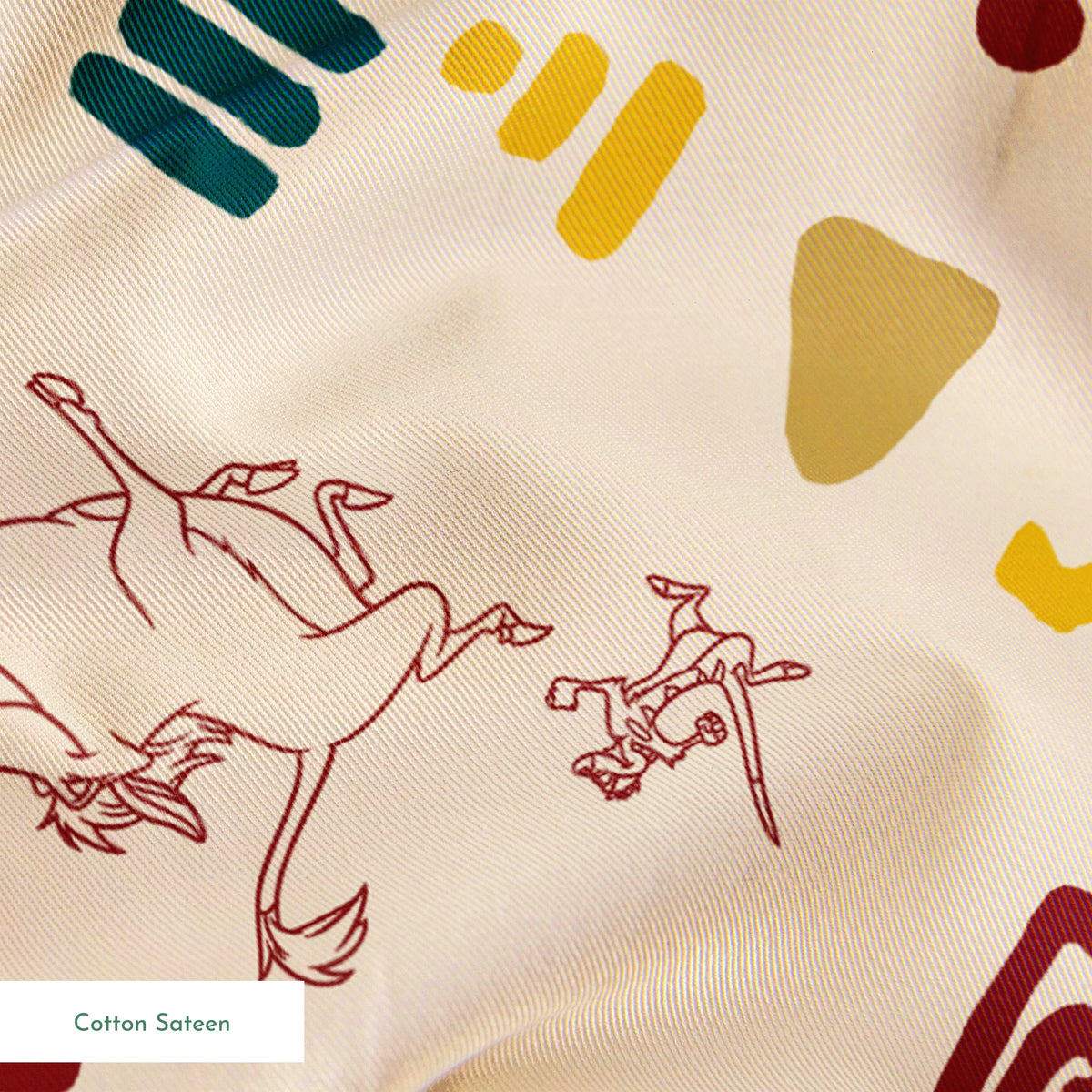 Abstract pattern with line art animal sketches, geometric shapes in teal, yellow, and burgundy on beige background springs sateen texture