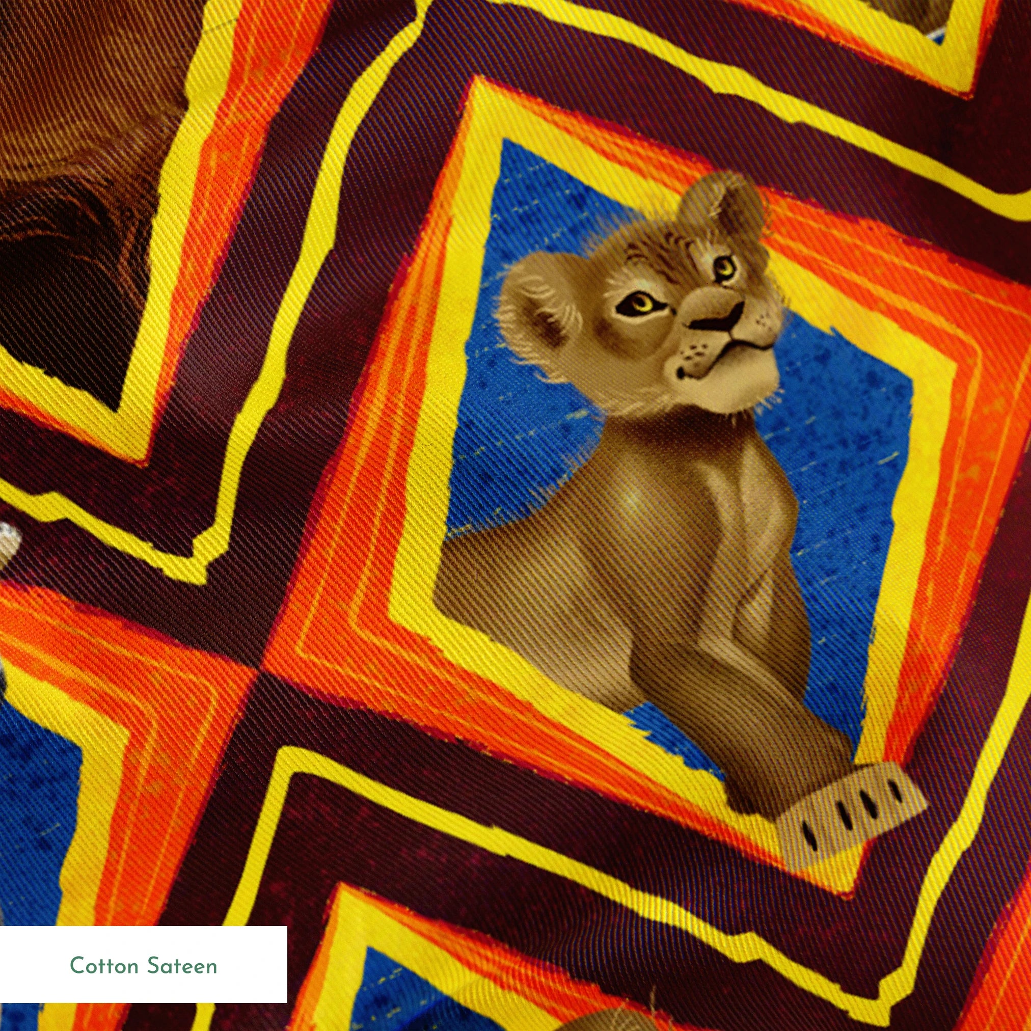 Diamond pattern of illustrated lions with various expressions in brown, tan, and gray against colorful geometric backgrounds. springs sateen texture