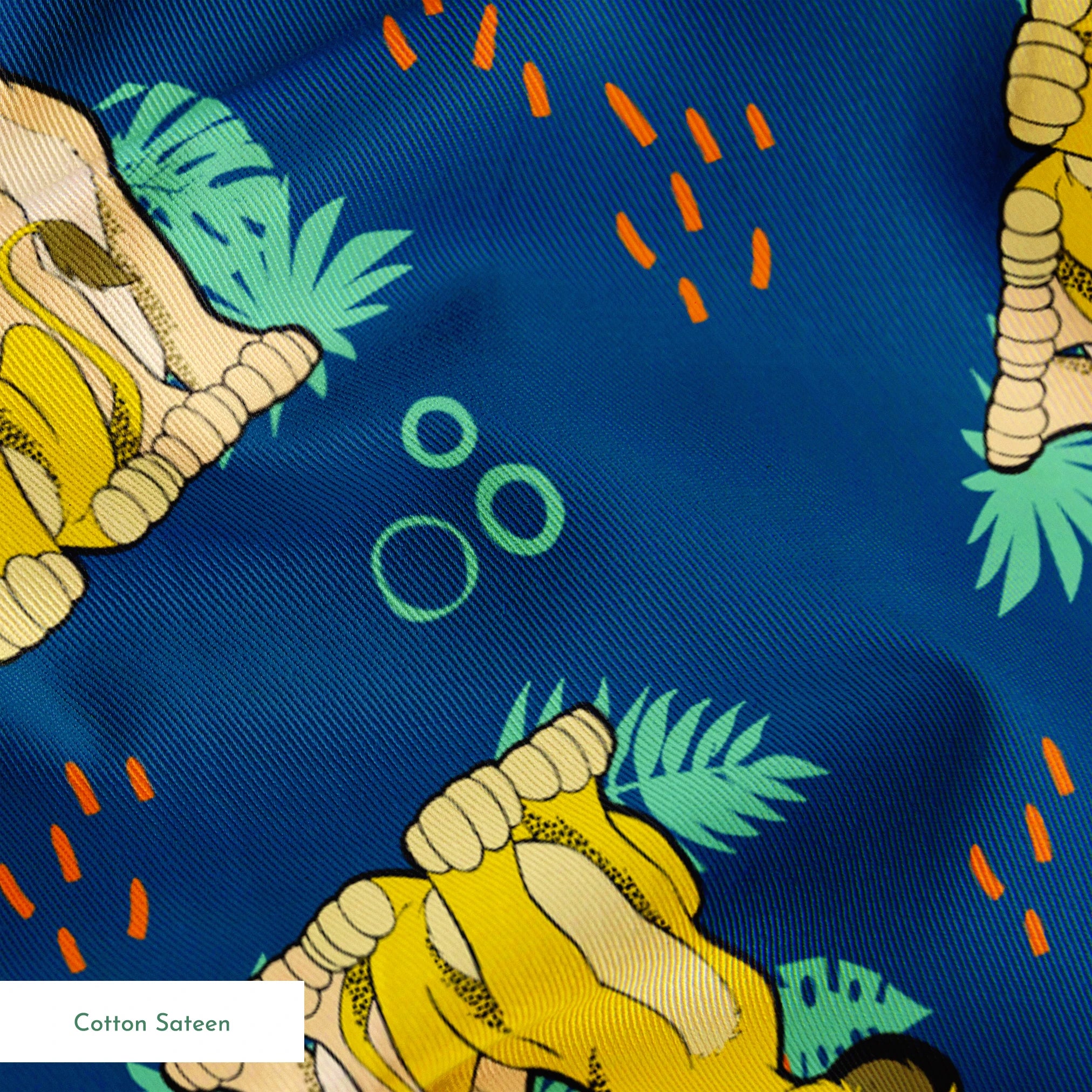 Yellow cartoon lions and pale yellow animals on teal background with tropical leaves, orange sun shapes and bubbles. springs sateen texture