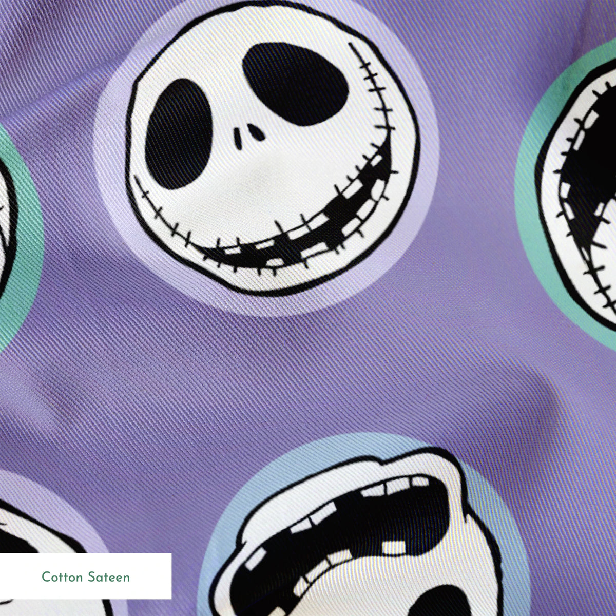 Repeating skull faces with stitched mouths and large eyes on purple background in cartoon style springs sateen texture