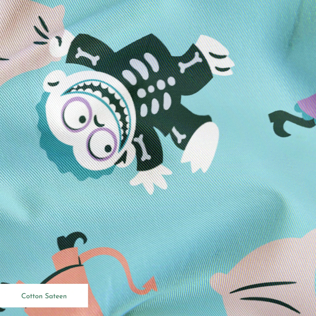 Whimsical pattern of cartoon characters in Halloween costumes on light blue background springs sateen texture