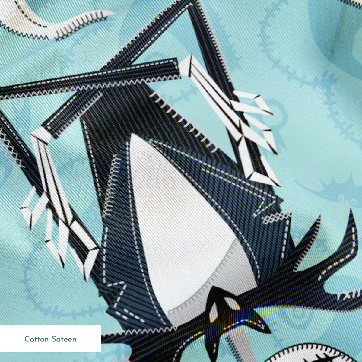Nightmare Before Christmas pattern with Jack Skellington, Zero ghost dog, and coffin shapes on light blue background springs sateen texture