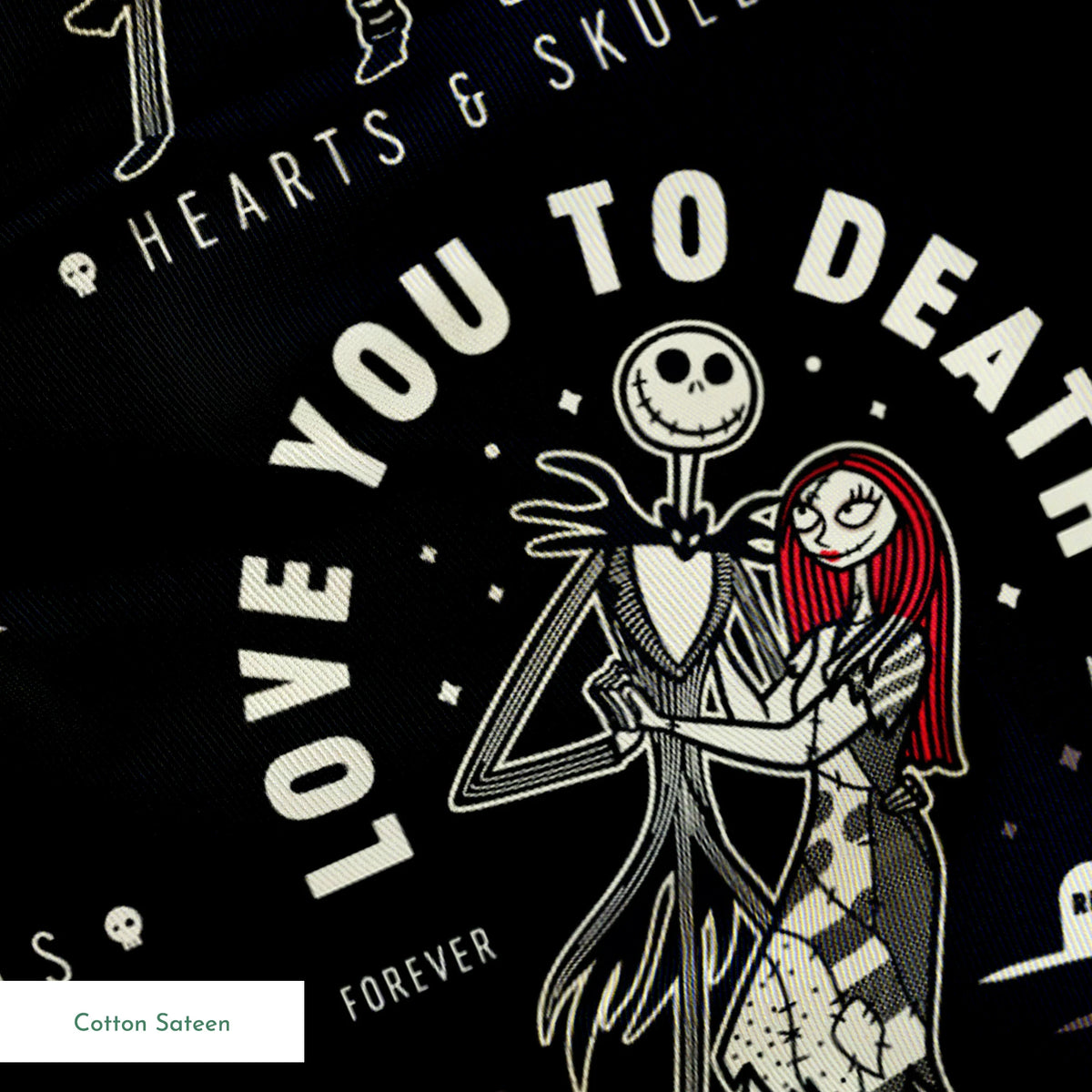 Repeating pattern of skeletal figures holding red hearts with "LOVE YOU TO DEATH" text on black background springs sateen texture