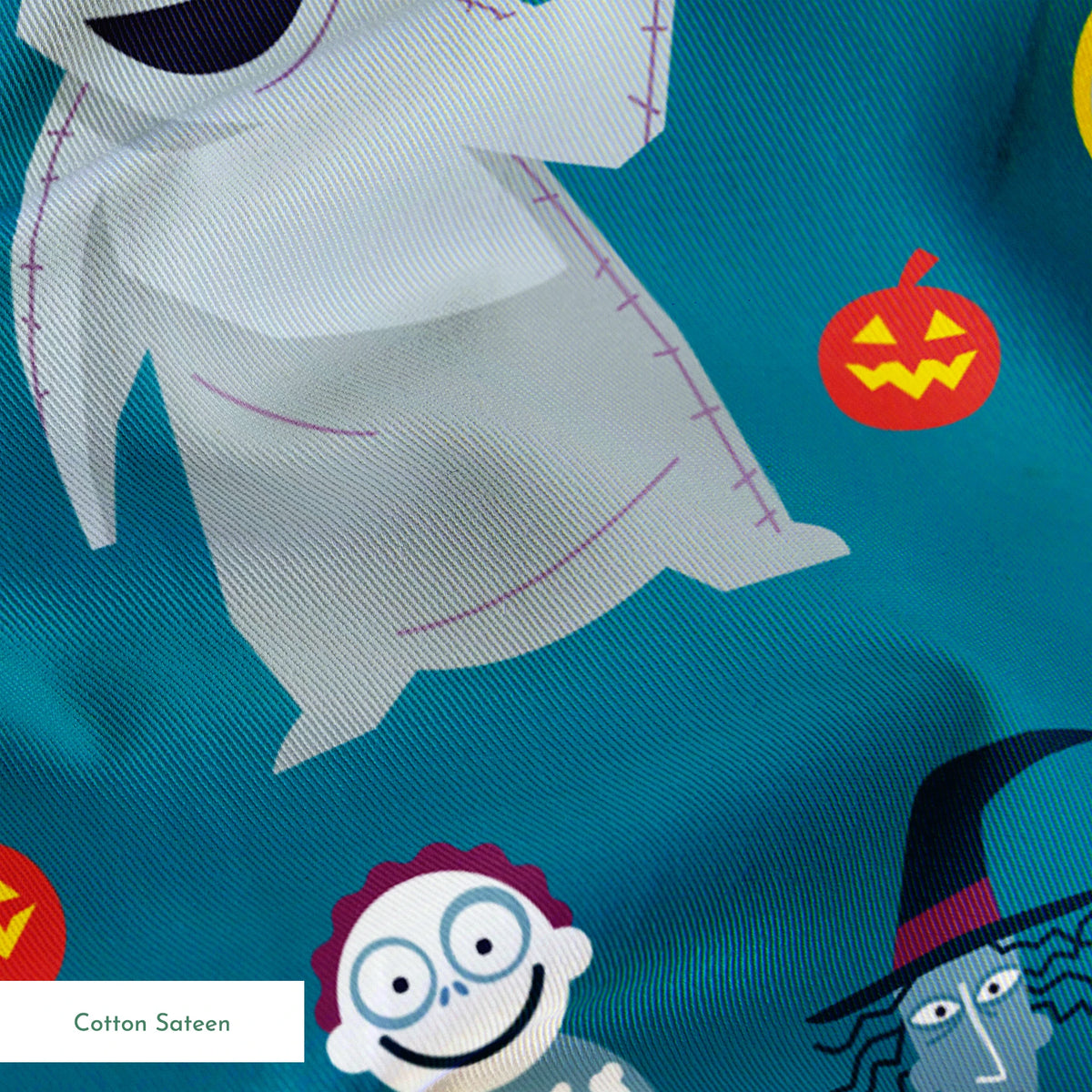 Halloween characters pattern with ghost, skeleton, witch, and pumpkins on teal background in cartoon style springs sateen texture