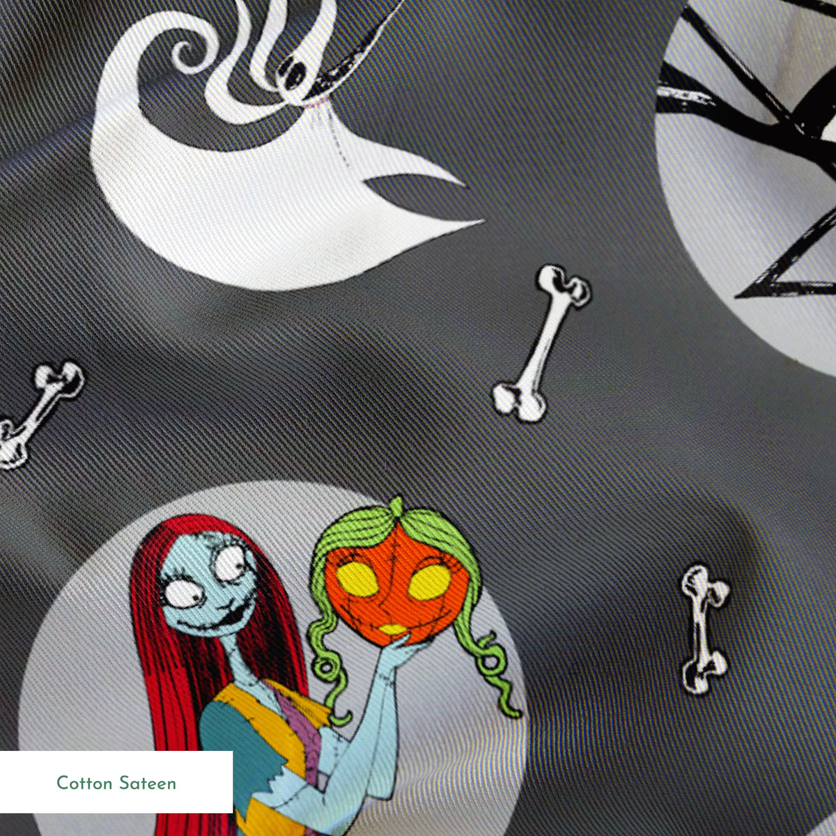 Nightmare Before Christmas themed pattern with Sally and Jack Skellington, pumpkins, bones, and ghostly designs on gray background springs sateen texture