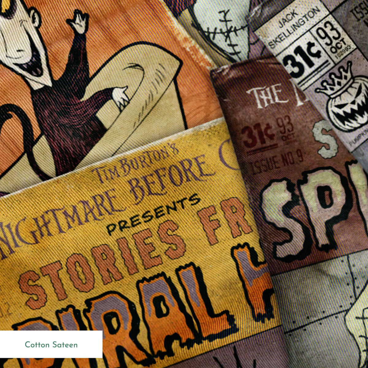 Vintage-style comic books featuring "Stories from Spiral Hill" with spooky skeletal characters on orange and gray covers springs sateen texture